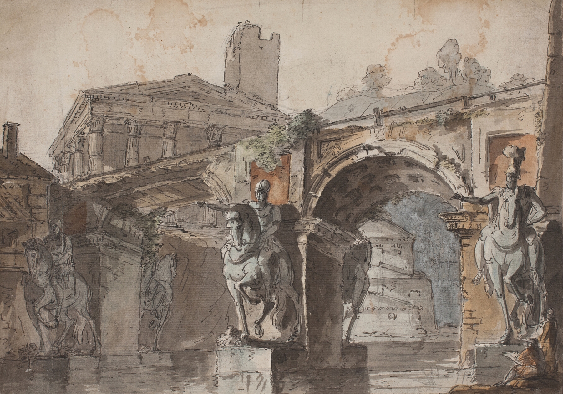 Landscape with temple ruins and equestrian statue by Jens Petersen Lund