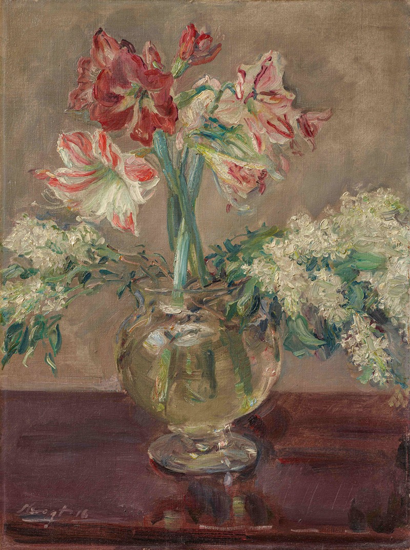 A vibrant still life featuring amaryllis and lilacs.