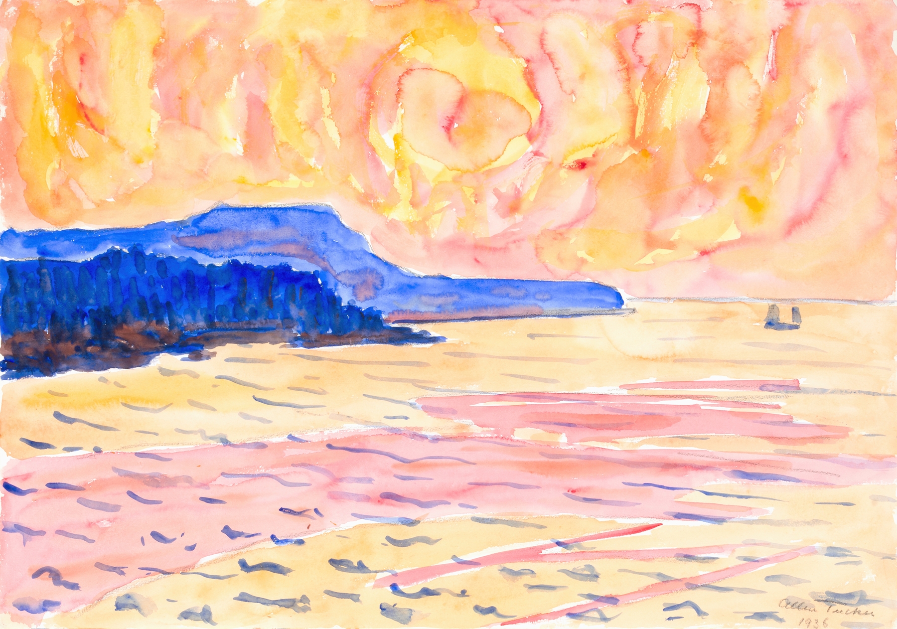 Watercolor by Allen Tucker depicting a tumultuous ocean scene in vibrant blue hues
