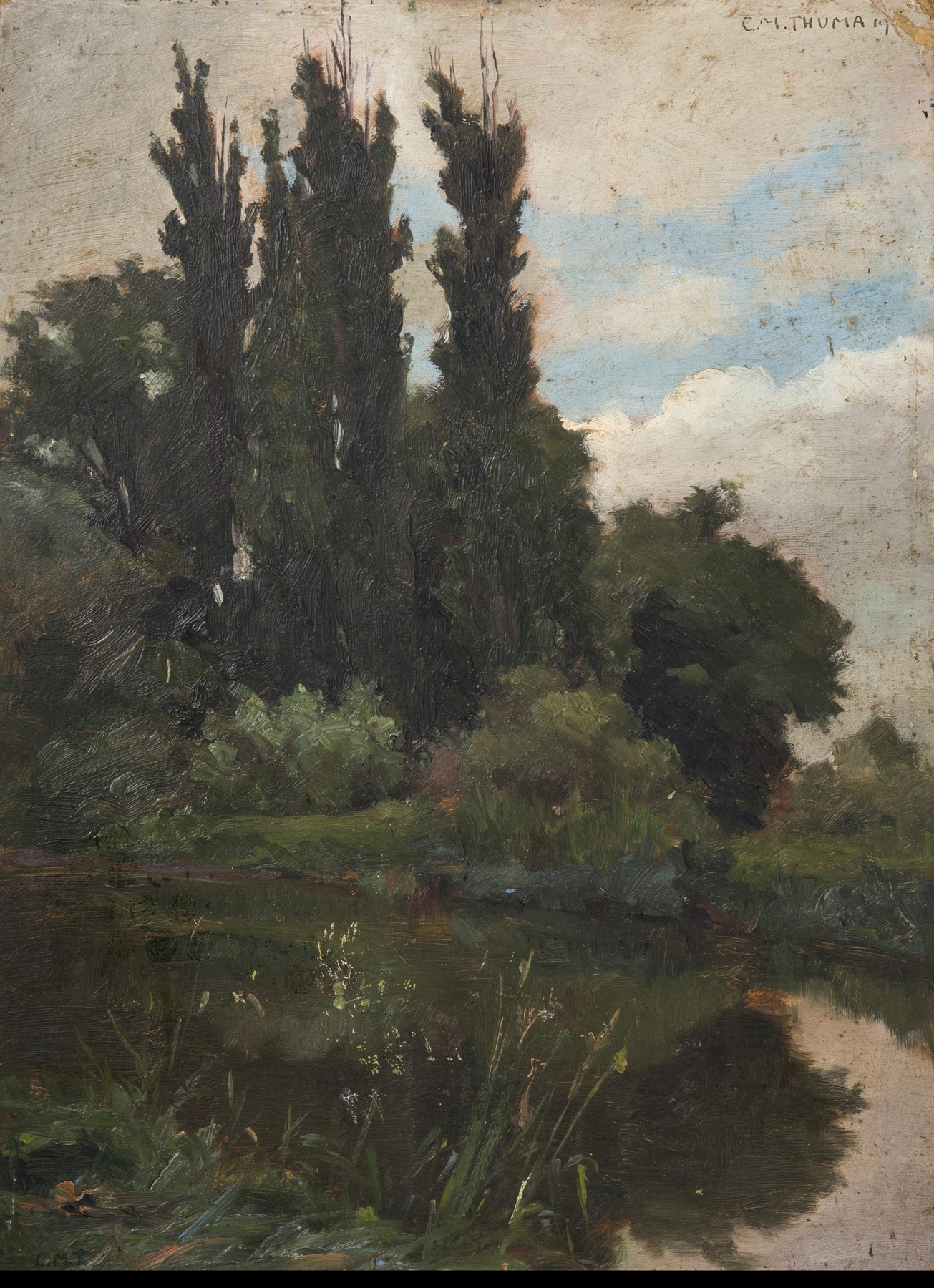 Impressionist oil painting by Karl Maria Thuma depicting poplars by water.