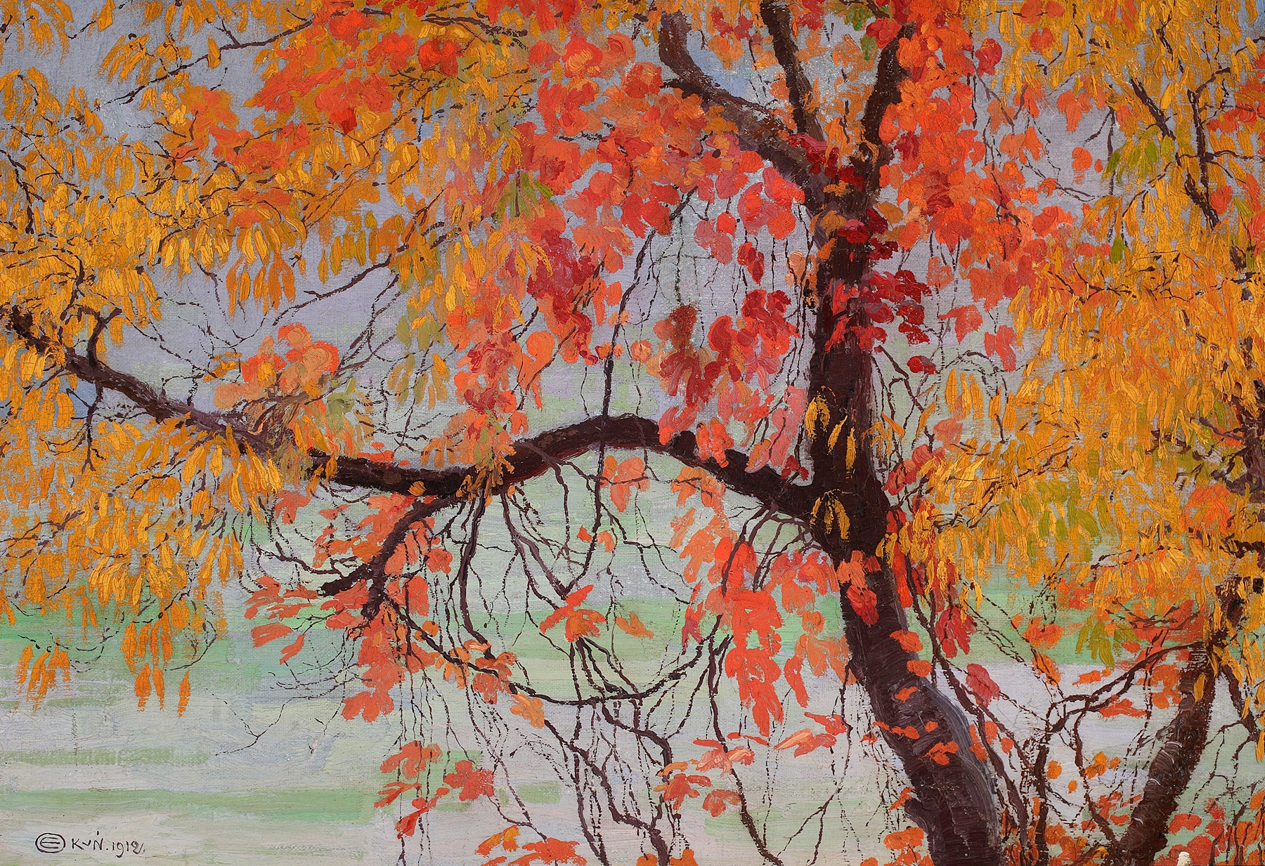 Autumn Leaves, oil on canvas by Edward Okuń, featuring swirling leaves and warm colors.
