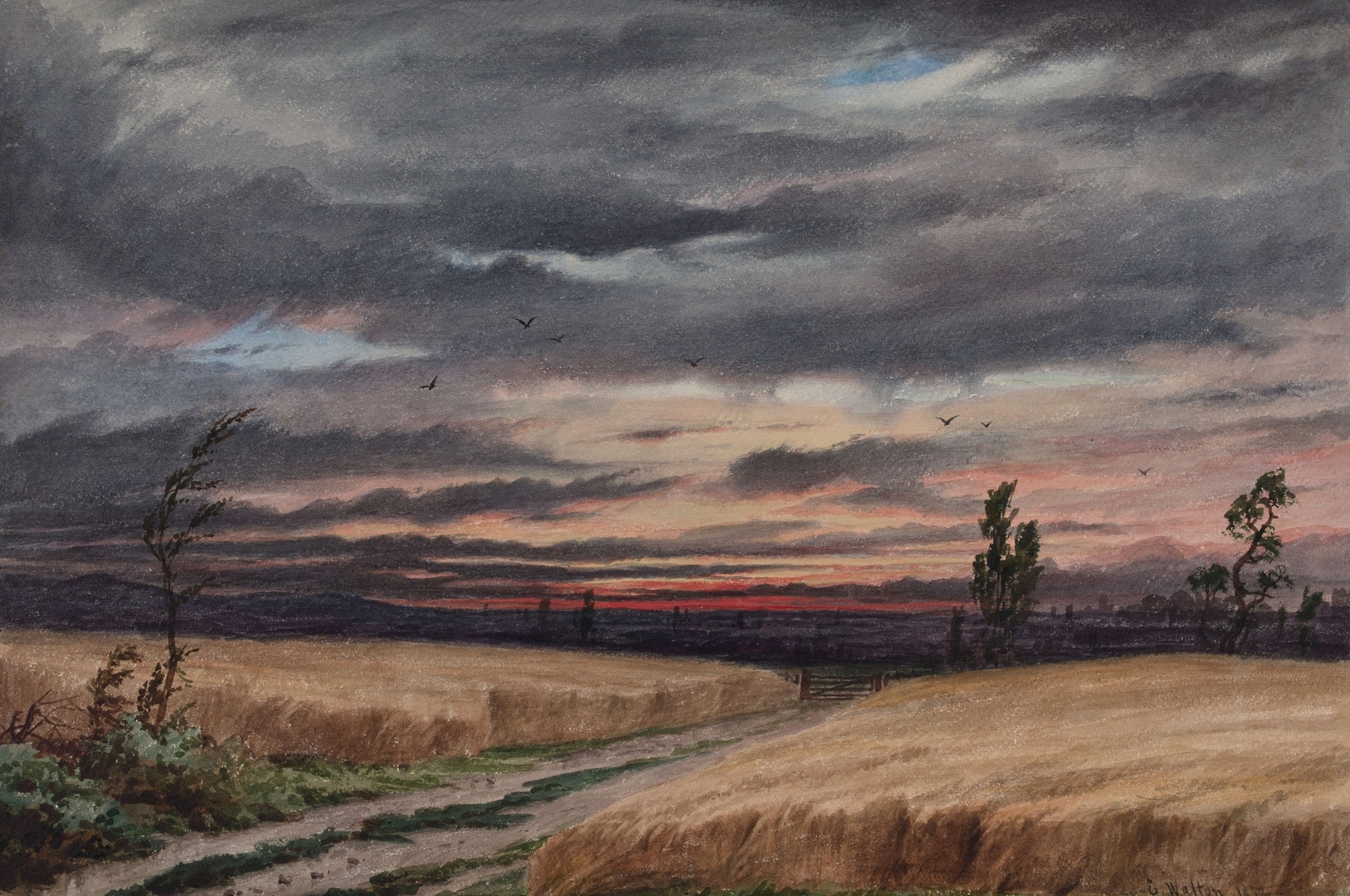 Field Near Cofton by Elijah Walton, oil on canvas depicting a vibrant green landscape with wildflowers.