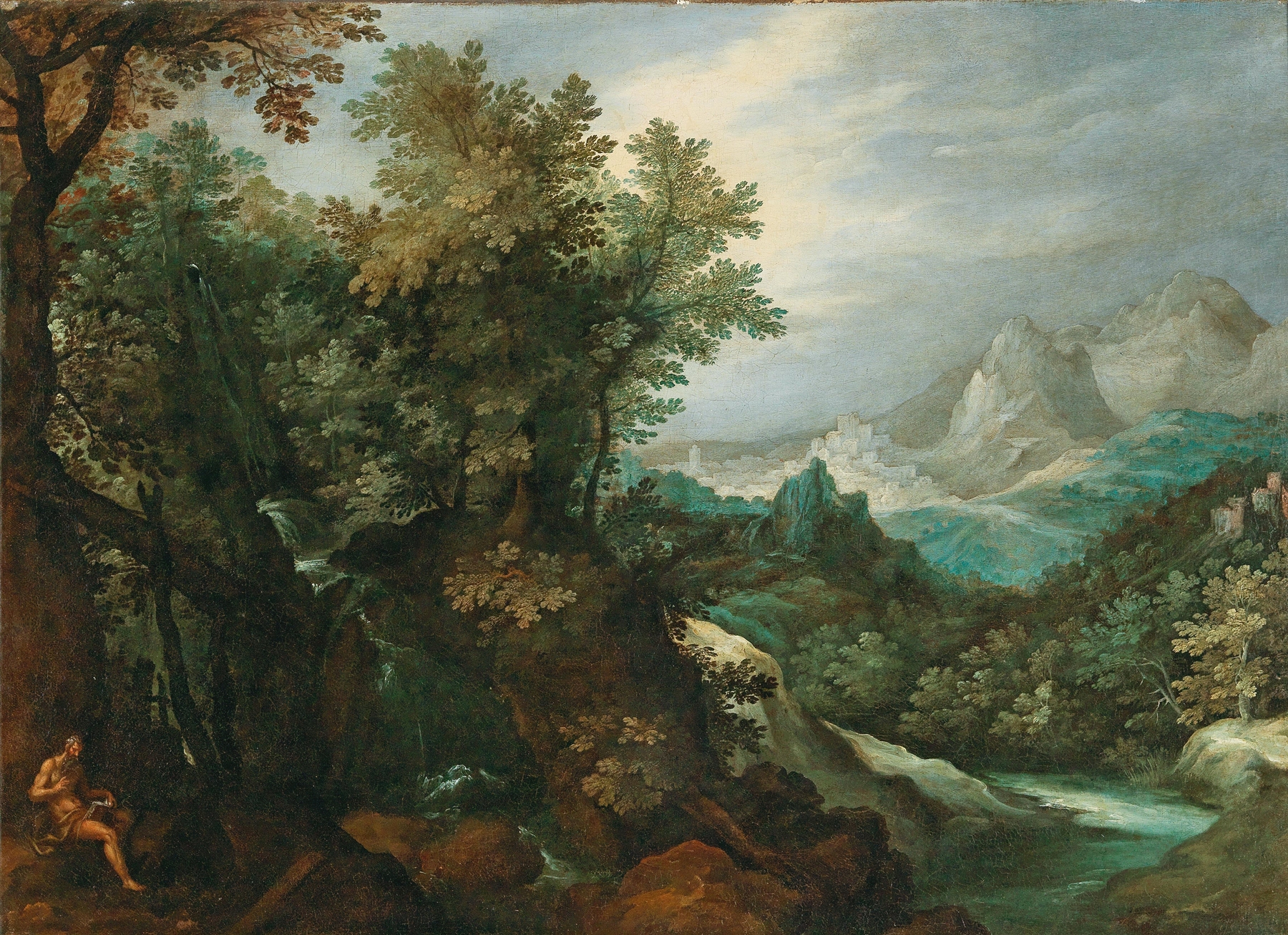 A mountainous river landscape with a hermit, by Paul Bril, public domain