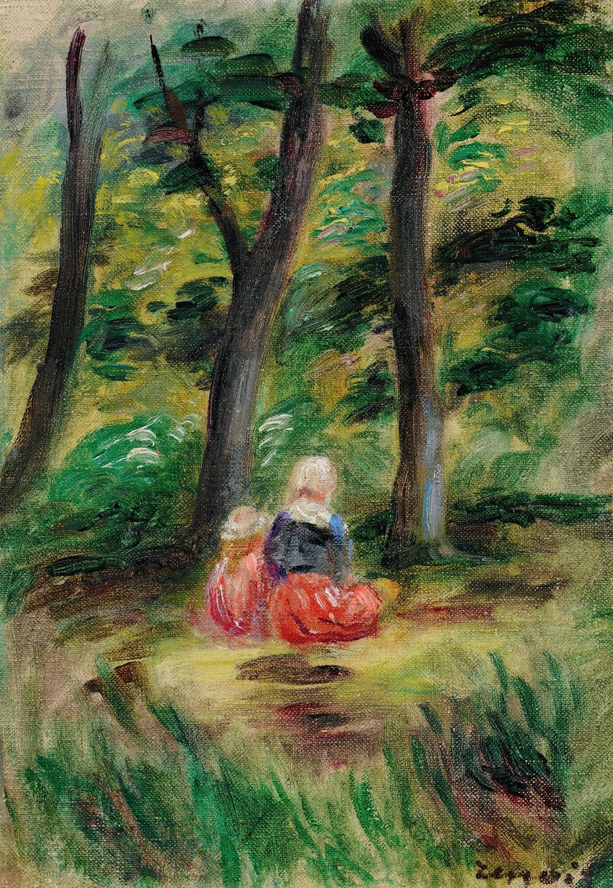 Femme Et Enfant Dans Un Paysage by Pierre-Auguste Renoir, oil painting of a woman embracing a child in a landscape.