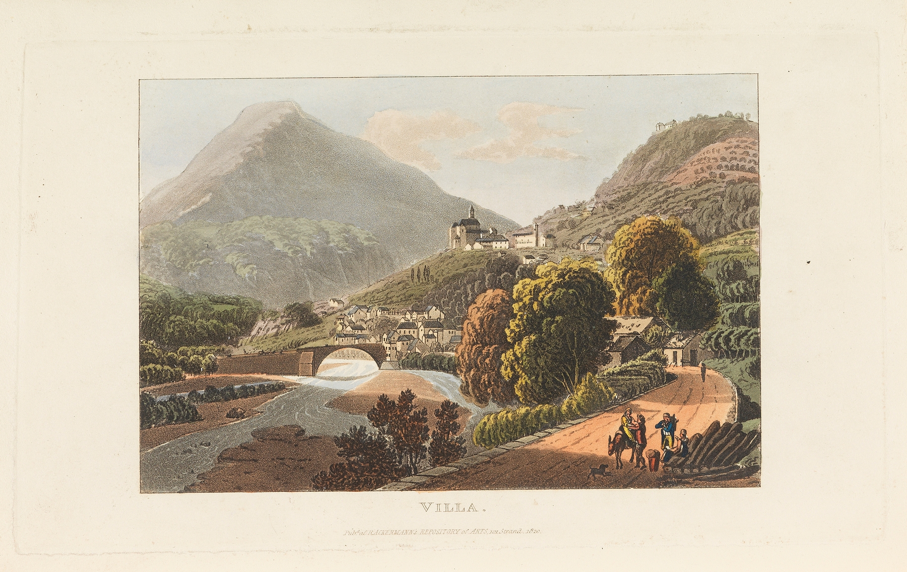 Villa by Frederic Schoberl, engraving depicting a serene landscape with architecture and trees.