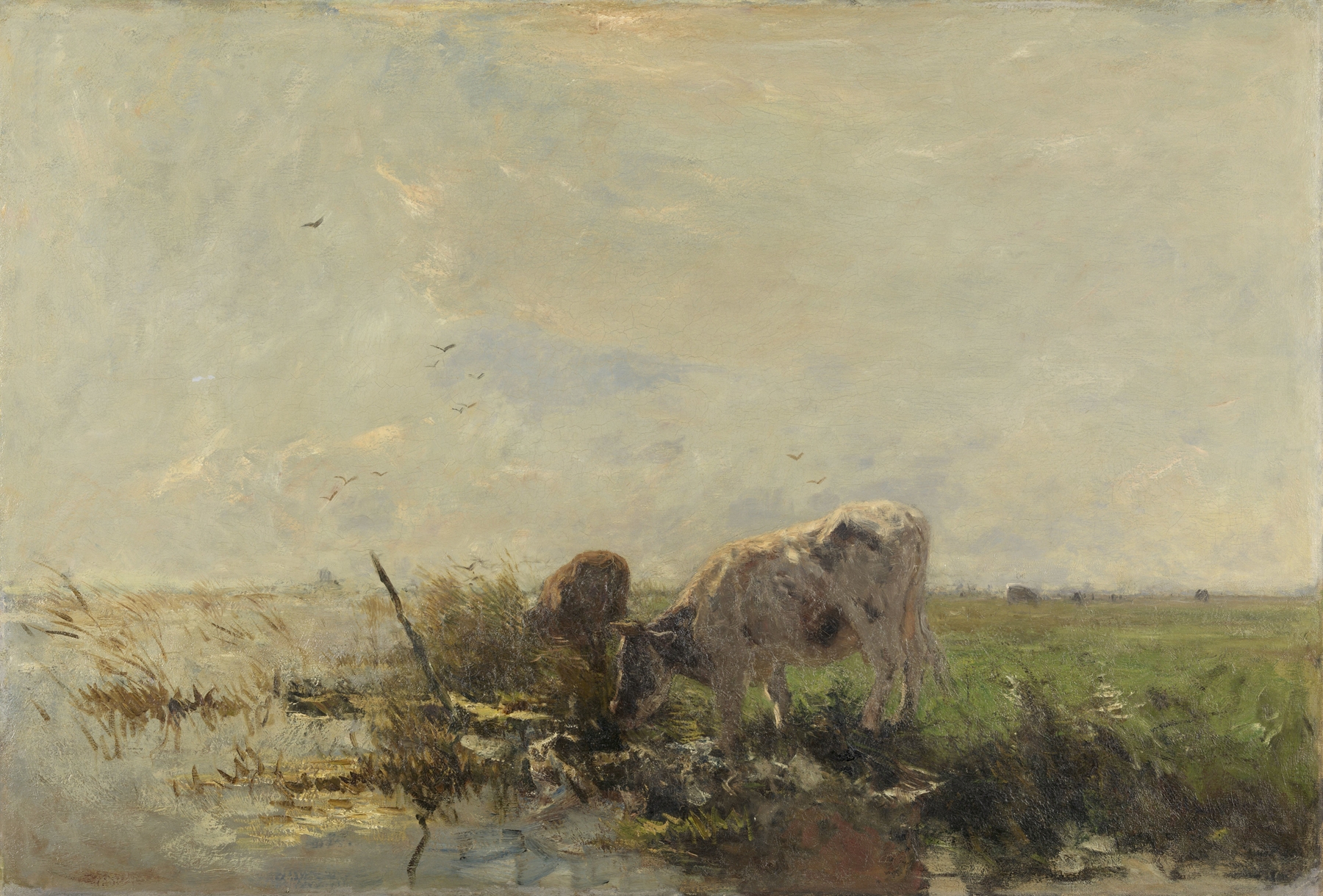 Koeien aan een plas, oil on canvas by Willem Maris, depicting cows by a tranquil pond.