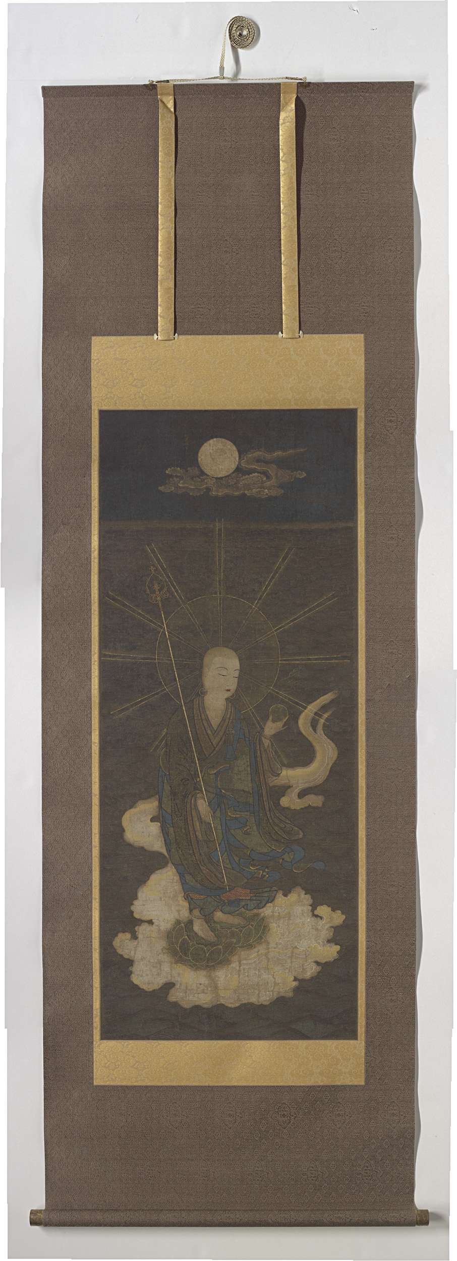 Jizo Bodhisattva, silk, Unknown Artist, young monk on a cloud with devotees
