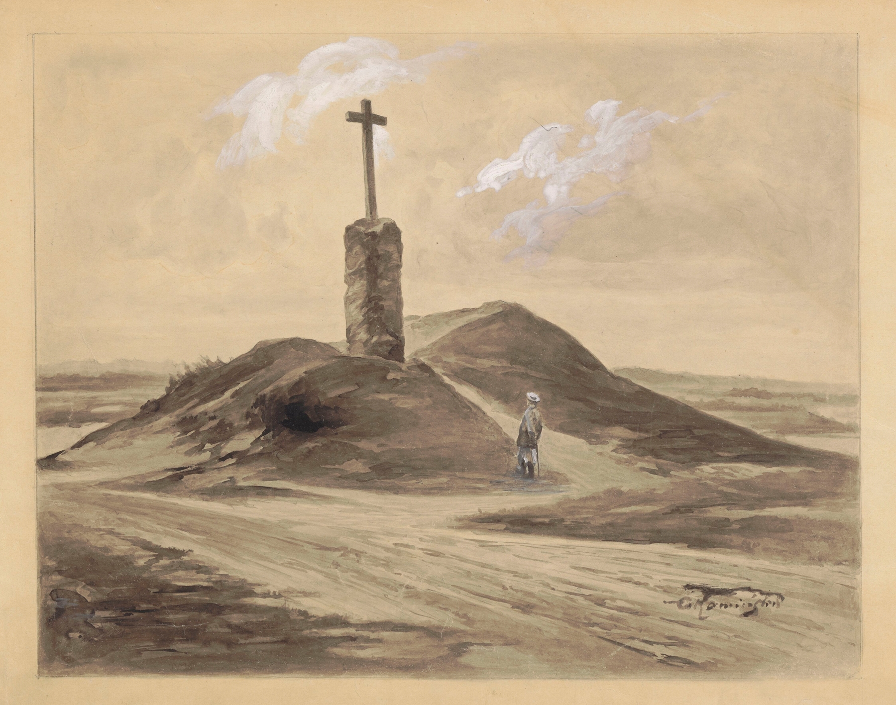 Landscape by Antoni Kamieński, Romanticism, depicting a somber scene.