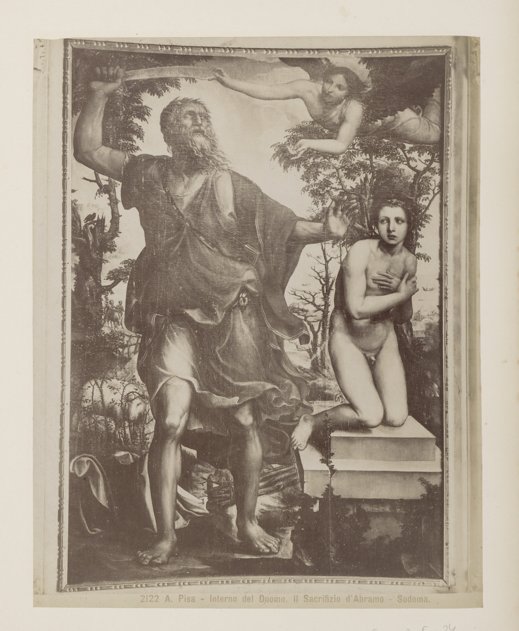 Fotoreproductie van het schilderij Het offer van Abraham door Il Sodoma in de Dom te Pisa, Italië, by Giacomo Brogi, public domain