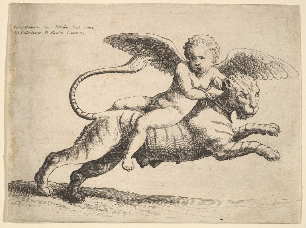 A whimsical depiction of Cupid riding a tiger, showcasing playful and vibrant colors.