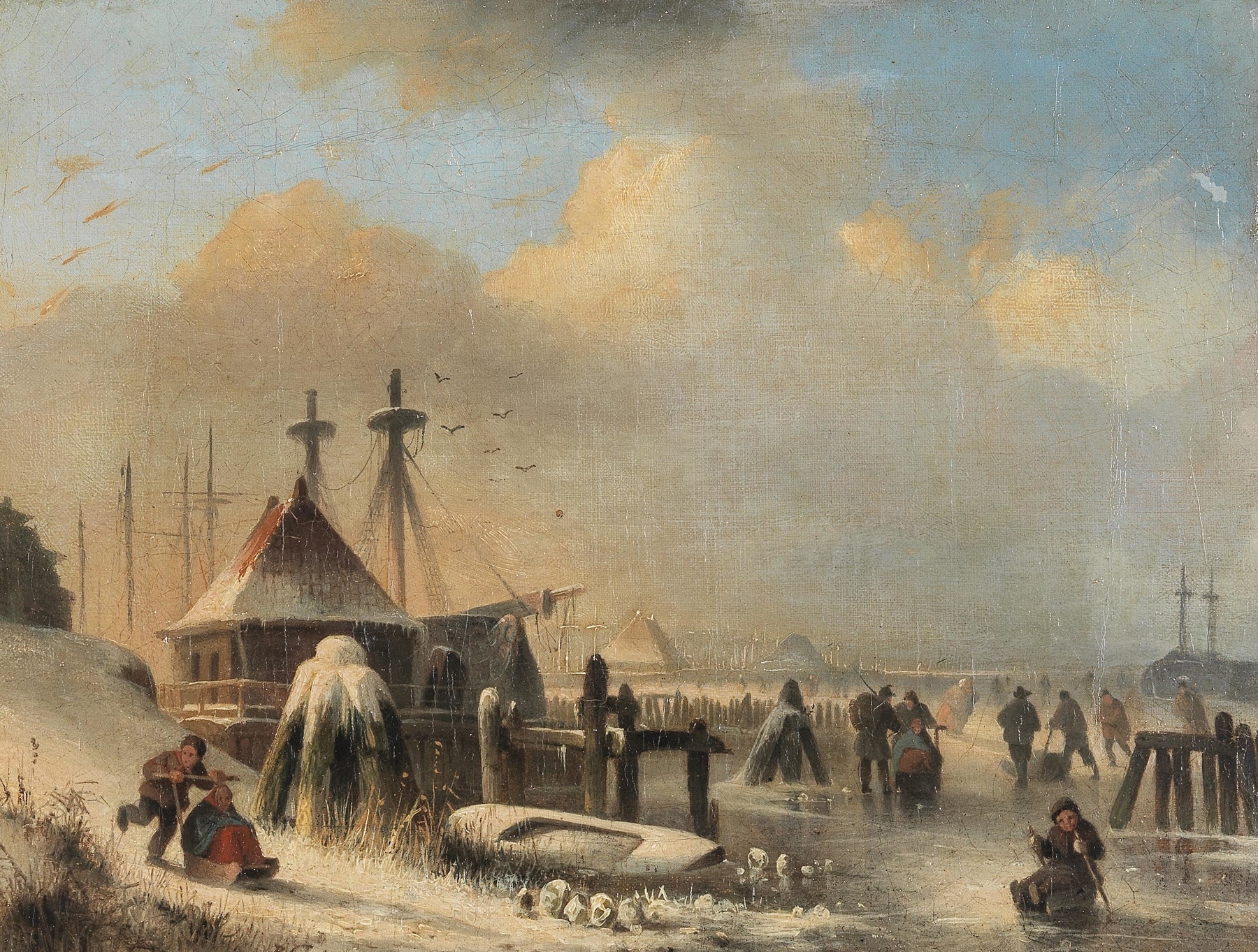 Genre scene depicting skaters on ice by Monogrammist JG, Impressionism