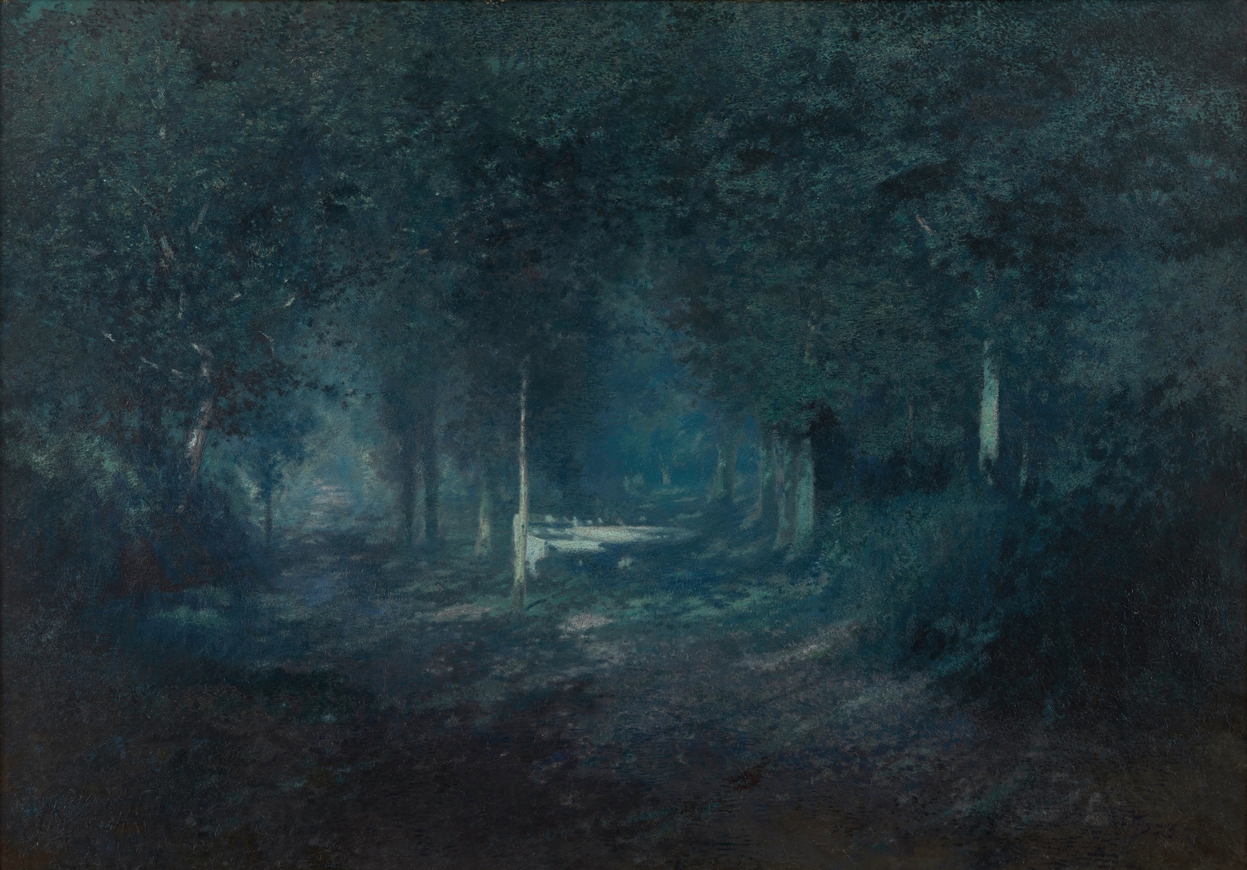 Wood by Moonlight by Adrien-Joseph Heymans, landscape with moonlight and trees, oil painting