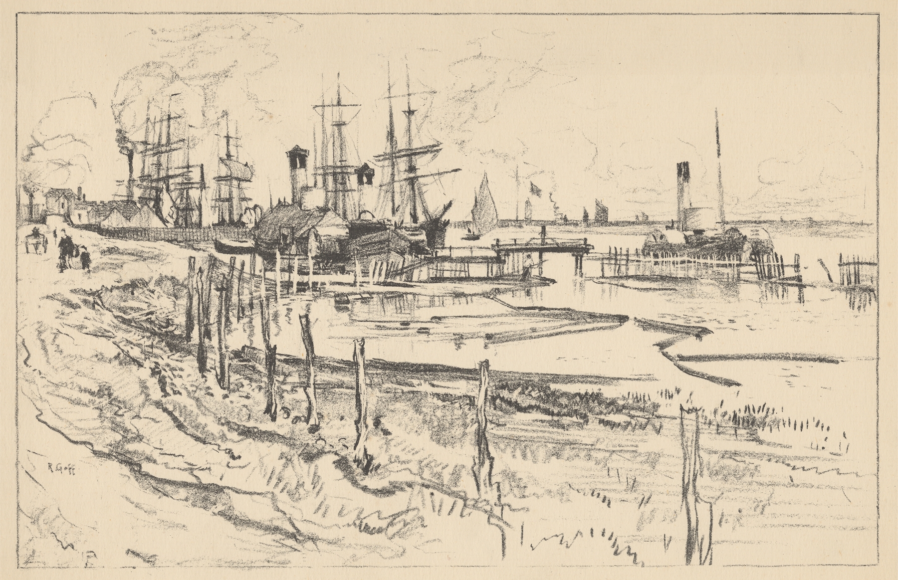 Harbor Scene by Robert Charles Goff, oil on canvas depicting ships and turbulent skies