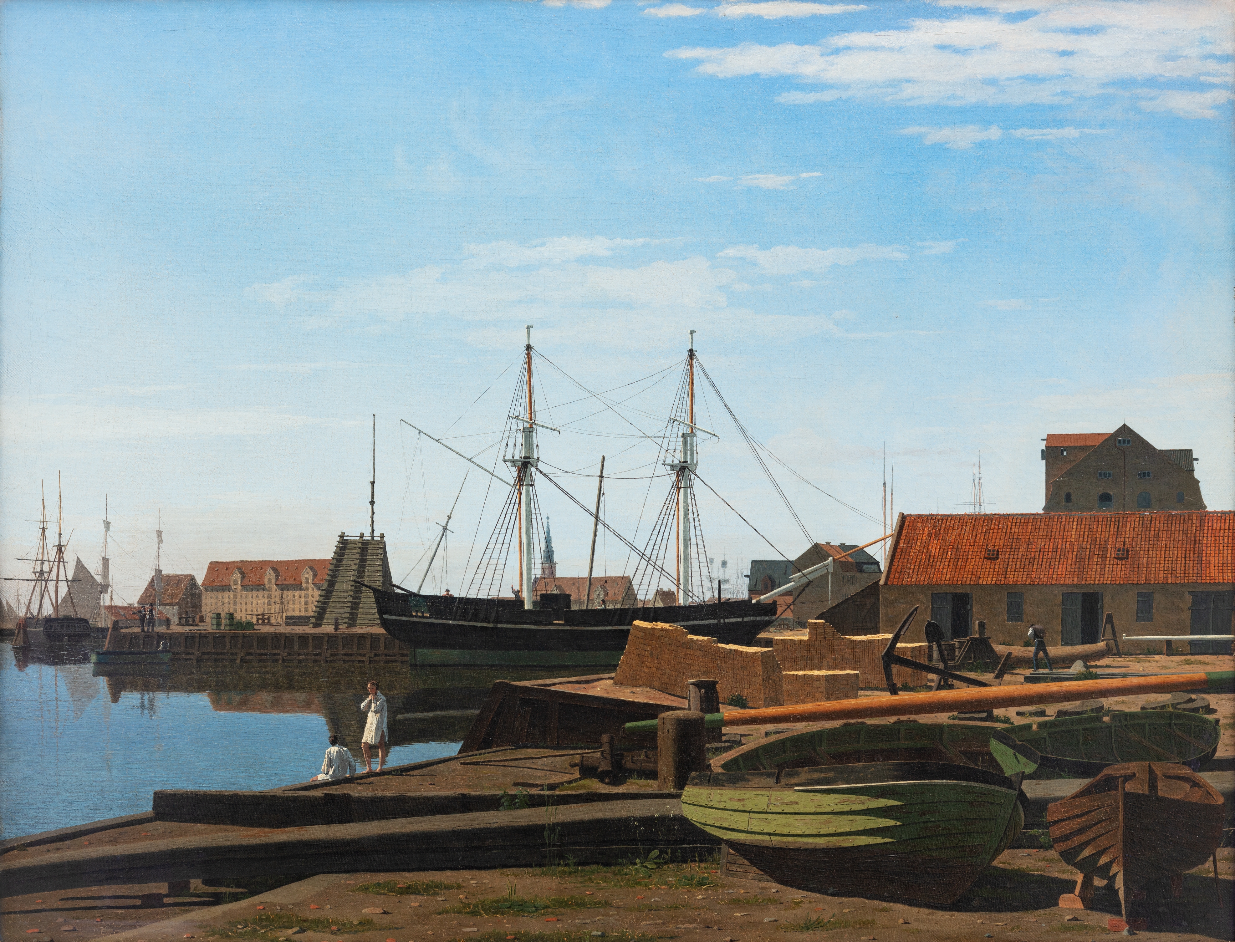 Larsens Plads by Carl Dahl, oil painting depicting a serene village landscape with cobblestone path and soft light.