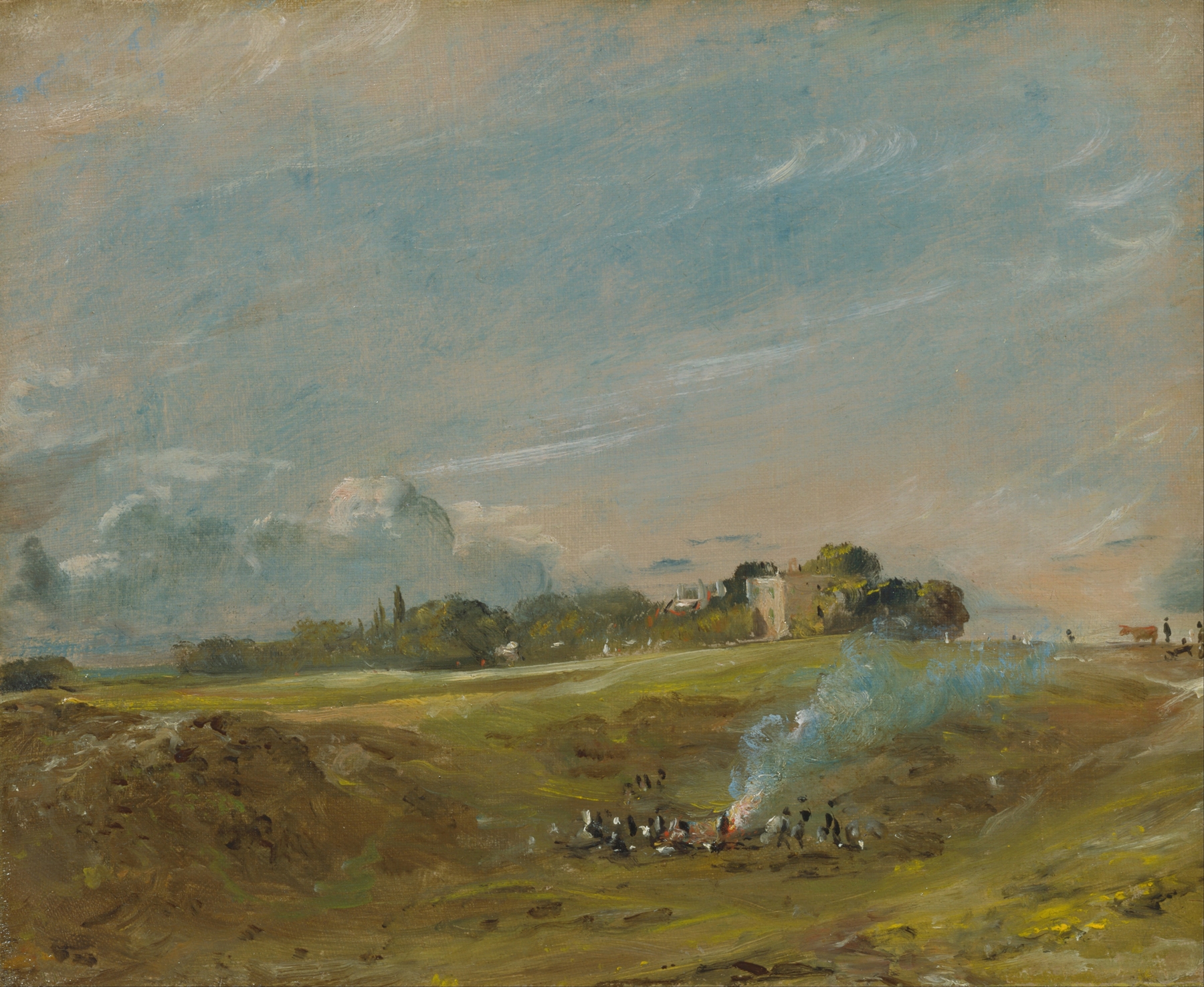 Hampstead Heath, with a Bonfire, by John Constable, public domain