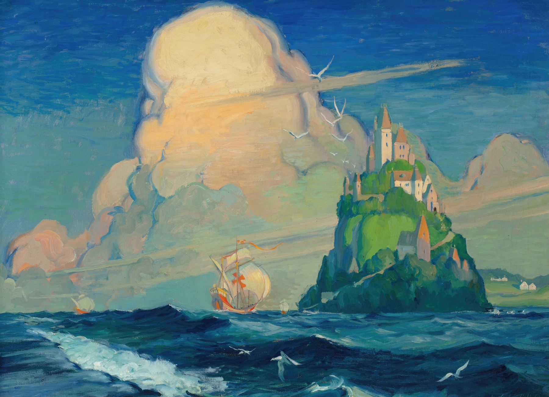 Landscape of The Island by Howard Garfield Gray, featuring vibrant blue shades and horizon, oil painting
