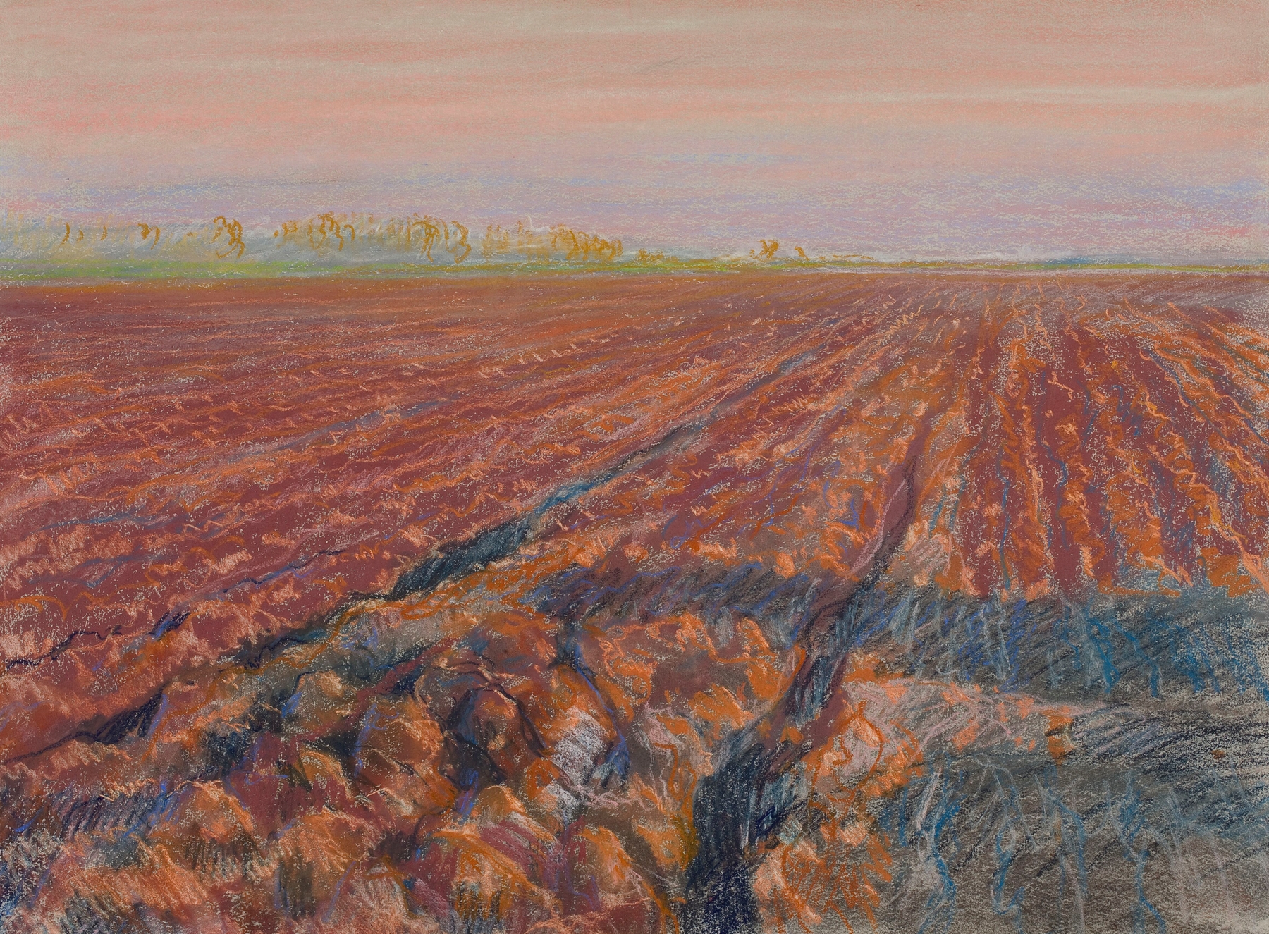 Ridge at sunset, oil on canvas by Józef Rapacki, features a ploughed field at twilight.