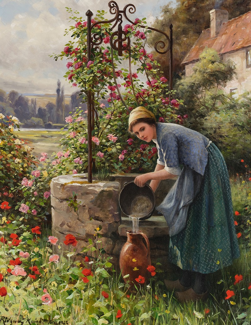 A woman at a garden well in Paris by Daniel Ridgway Knight.