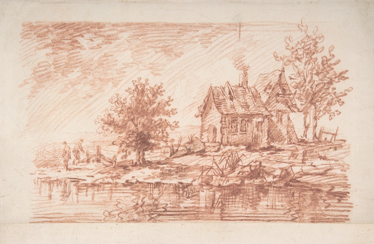 A serene landscape painting featuring a farmhouse and two figures by a river.