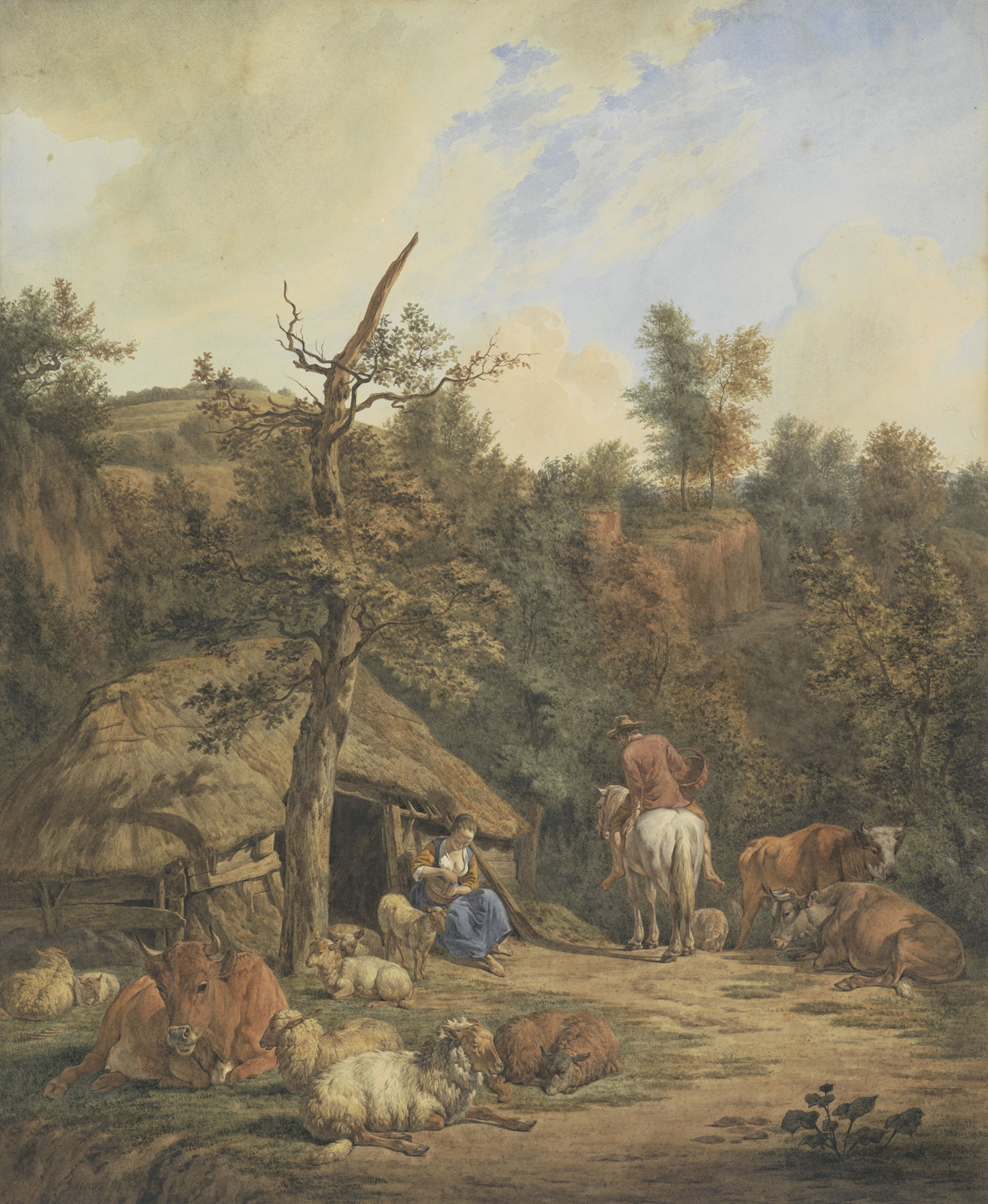 Herder, herderin en vee rustend voor een vervallen stal, after Adriaen van de Velde, by Hendrik Abraham Klinkhamer, public domain