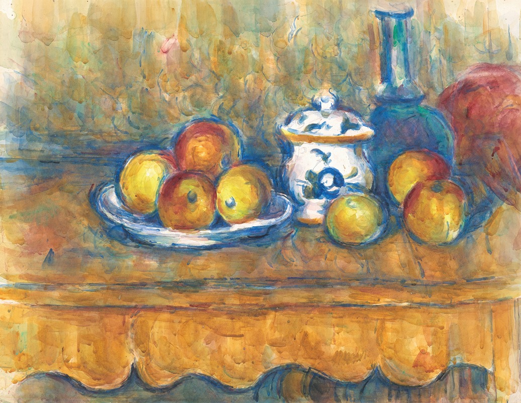 Cézanne's still life features a blue bottle, sugar bowl, and apples.