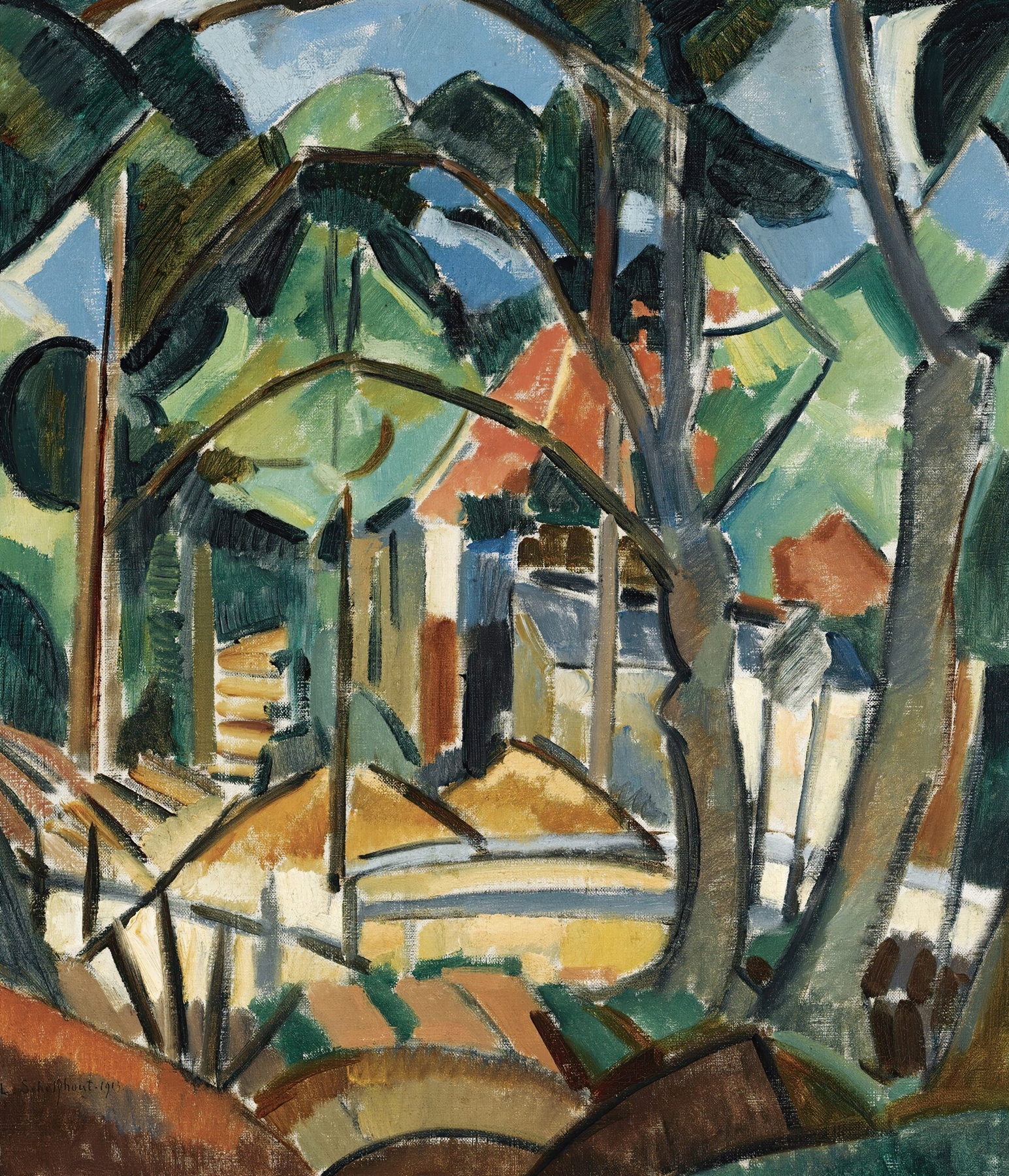 Huis Tussen Bomen by Lodewijk Schelfhout, oil painting depicting a house surrounded by trees.