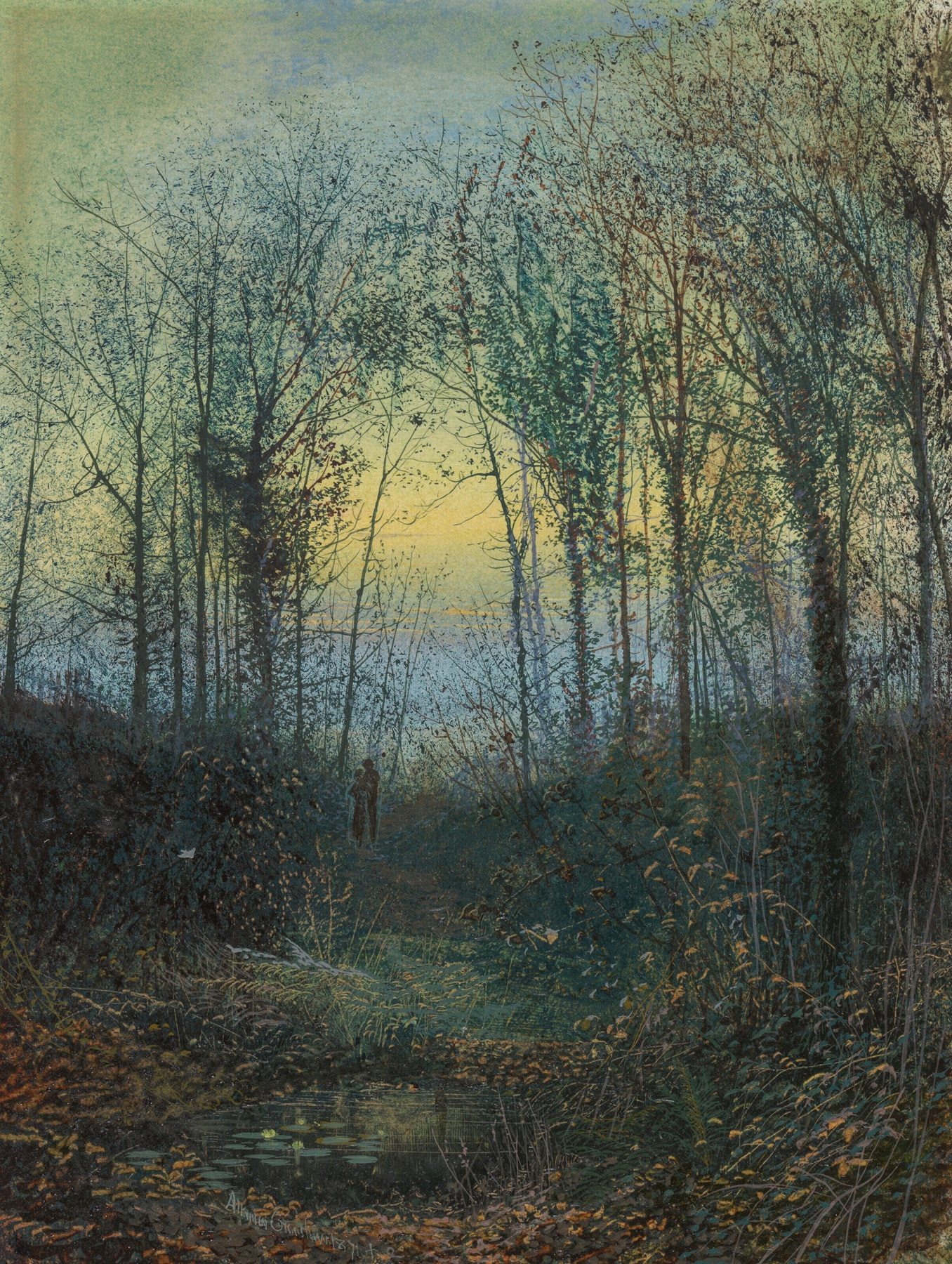 Lovers in a wood, oil on canvas by John Atkinson Grimshaw, depicting a couple in a serene forest.