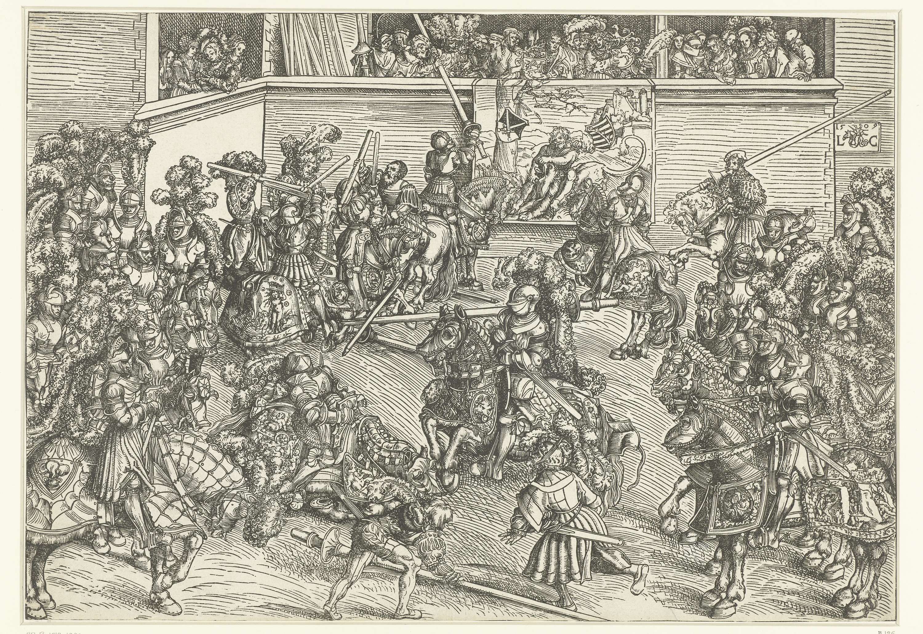 Toernooi van het keurvorstelijk hof van Saksen met wandtapijt Simson doodt de leeuw, by Lucas Cranach (I), public domain