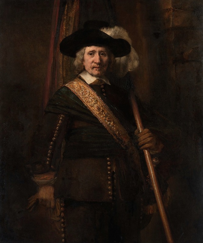 A portrait of a standard bearer by Rembrandt, showcasing rich colors and detailed textures.