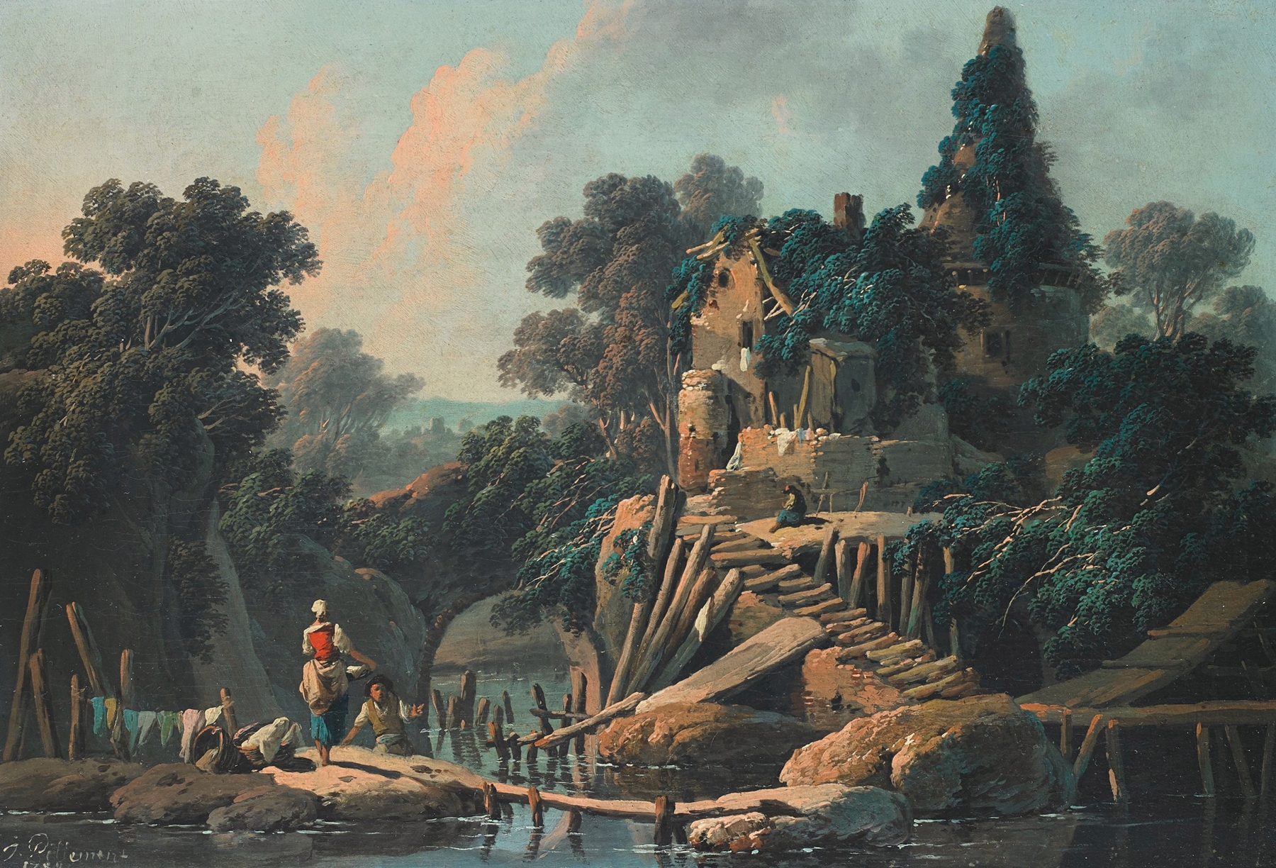 Rococo landscape by Jean-Baptiste Pillement, featuring a farmhouse and lush greenery