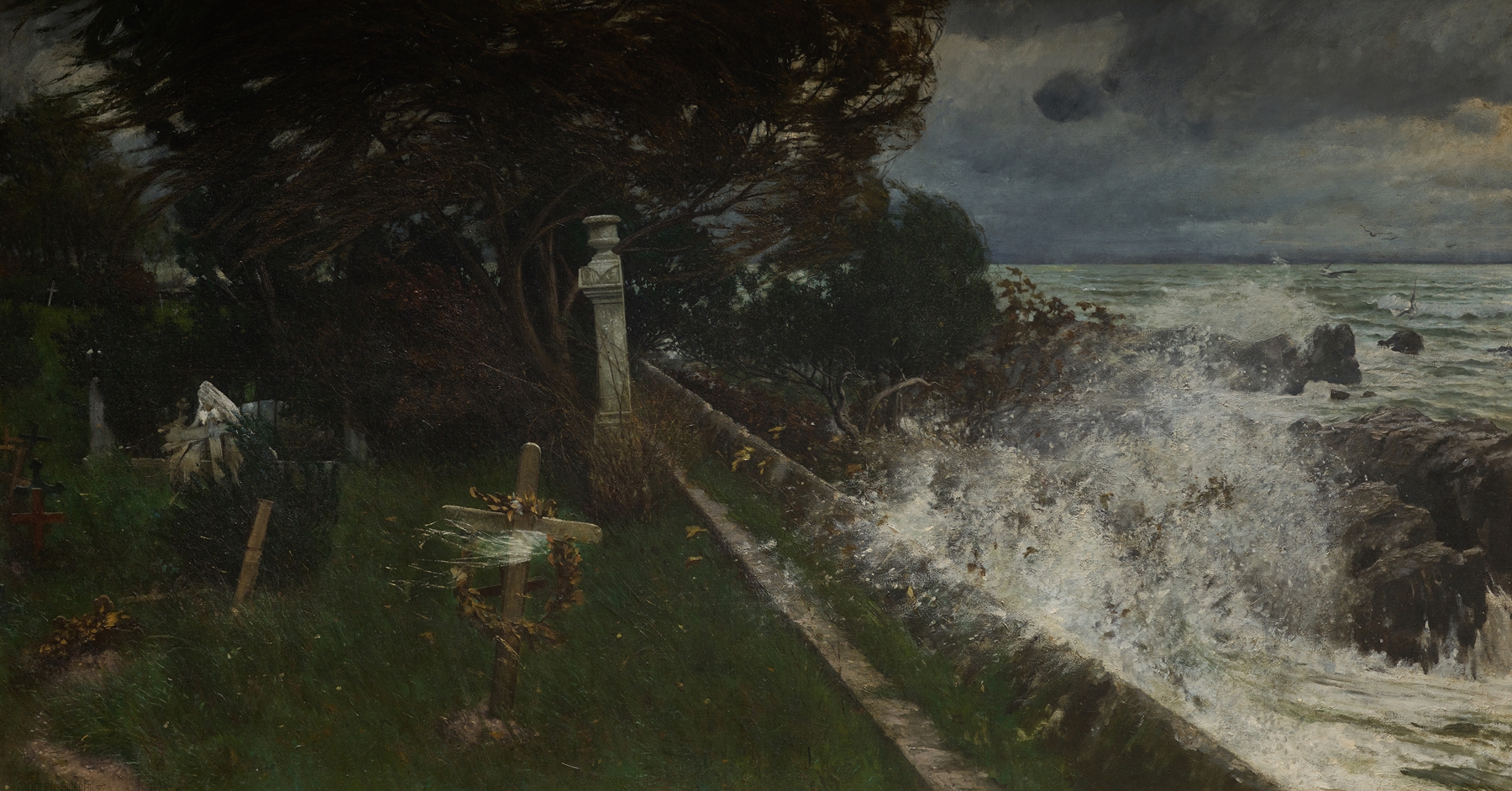 Seaside Cemetery by Adolf Hirémy-Hirschl, oil painting depicting graves and ocean horizon