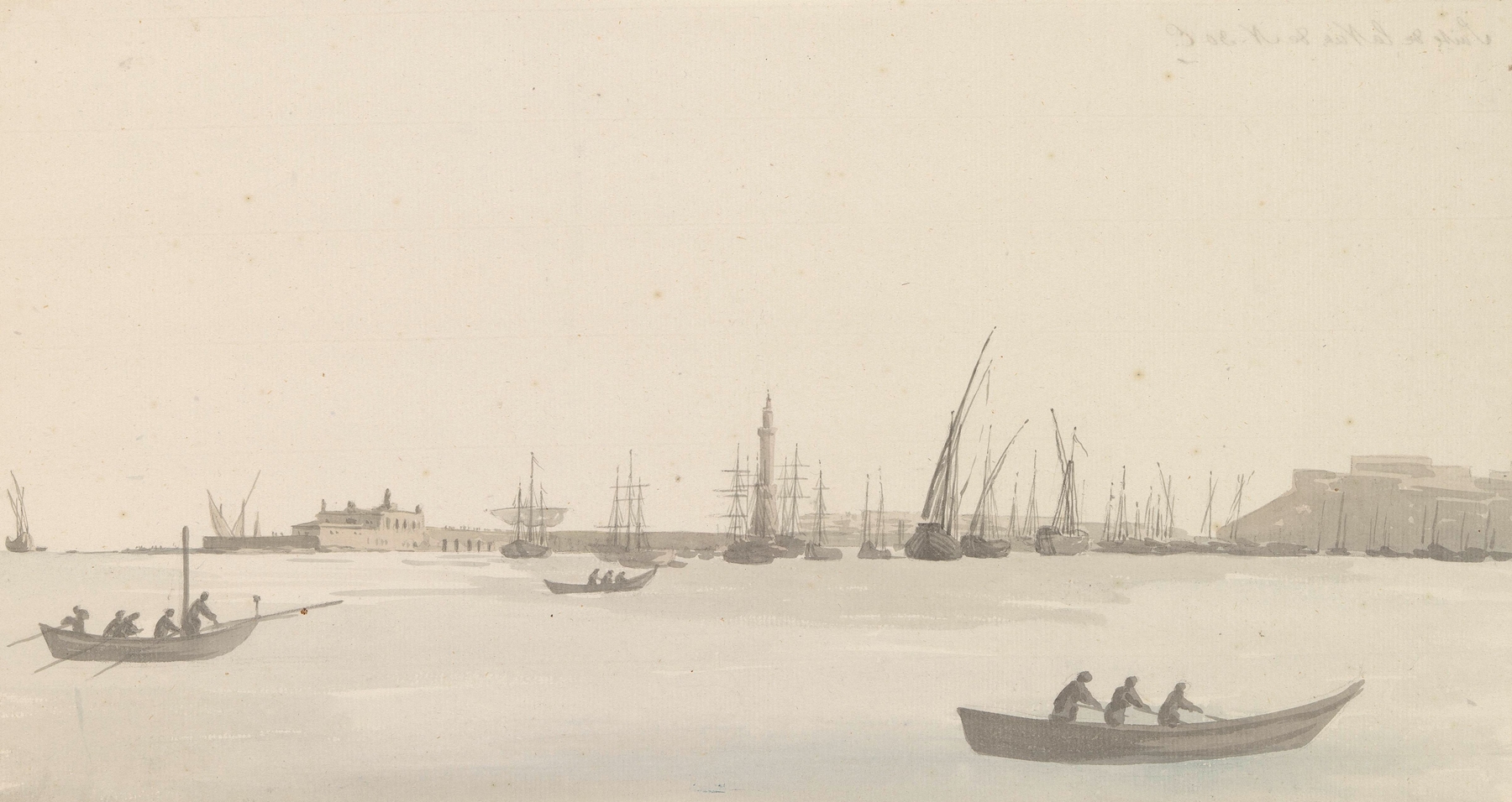Watercolour by Abraham-Louis-Rodolphe Ducros depicting the Gulf of Naples with gentle waves.