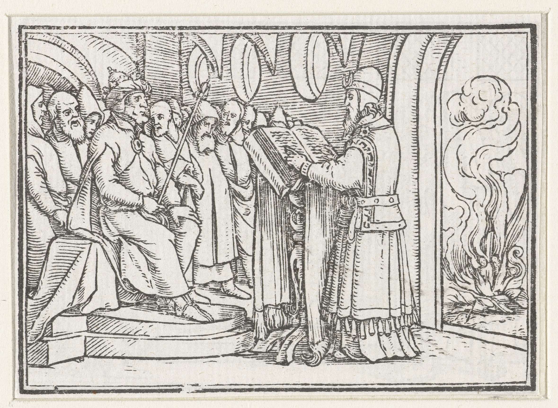 Chilkia leest de wetten voor aan koning Josia by Hans Holbein, paper medium, depicting a figure reading to a king.