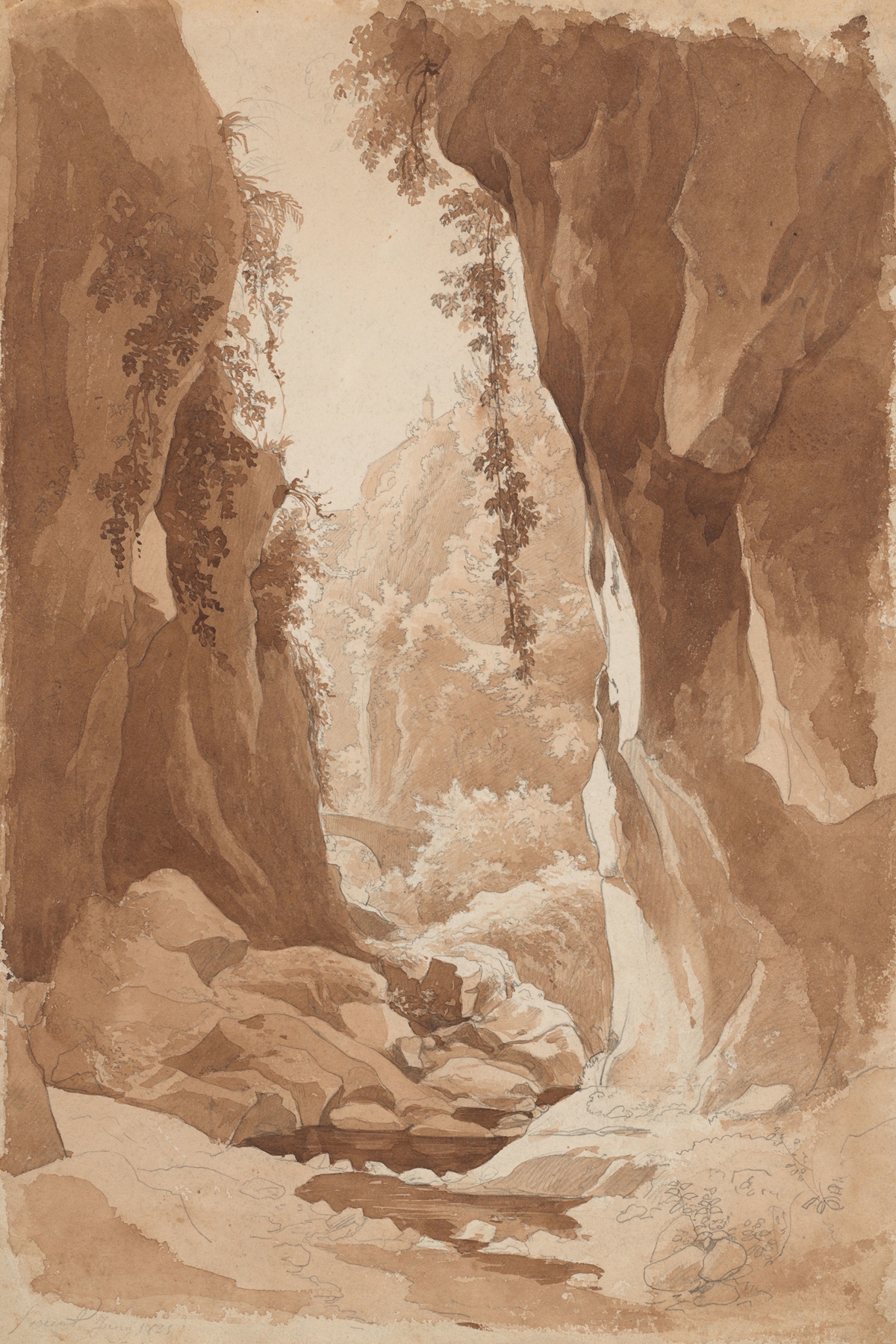 Cliffs overhanging a river gorge, watercolor on paper by Johann Joachim Faber