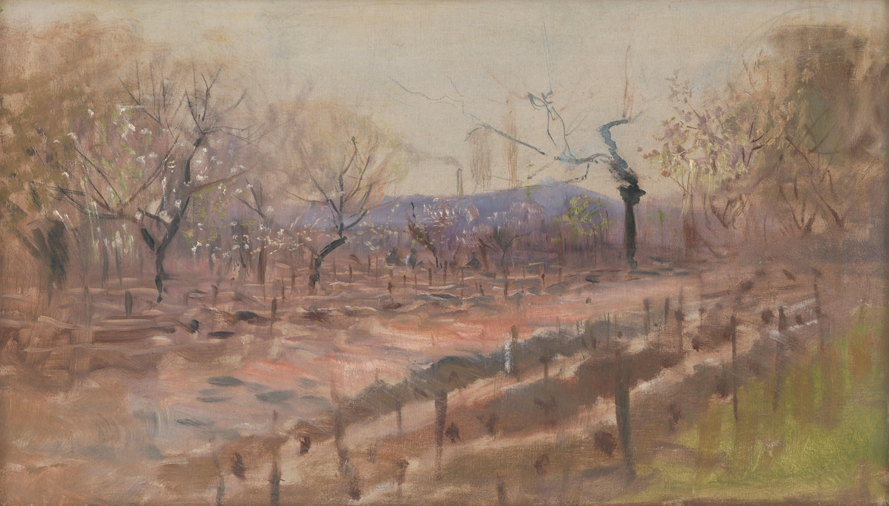 Spring landscape by Ladislav Mednyánszky, oil on canvas depicting blossoming trees.