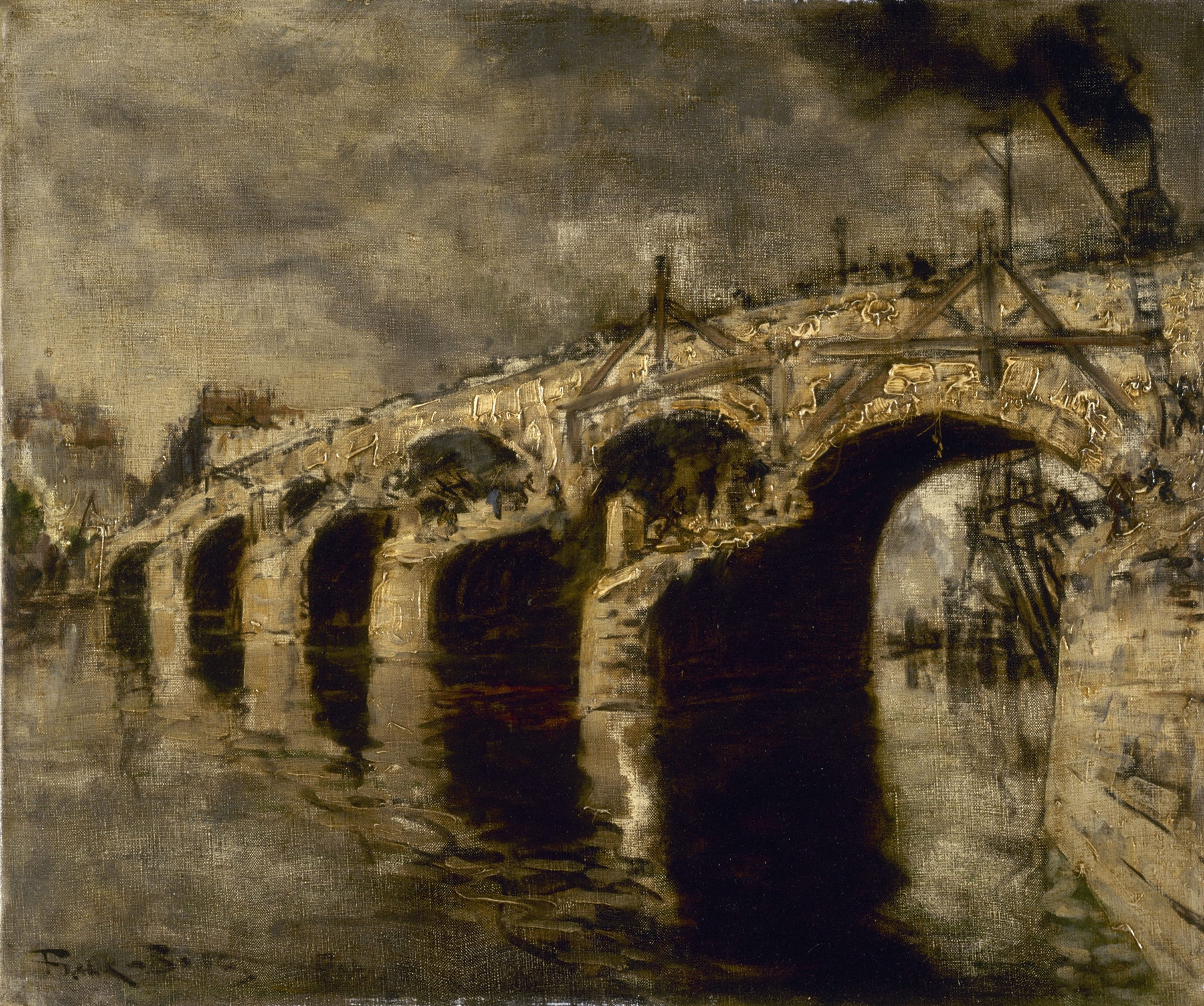La démolition de l’ancien pont de la Tournelle, oil on canvas by Frank Myers Boggs, showing a bridge at dawn.