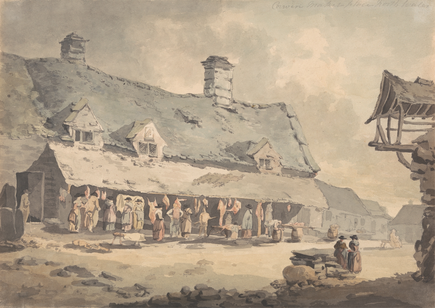 Corwen Marketplace by Edward Dayes, watercolor on paper, depicting a bustling market scene.