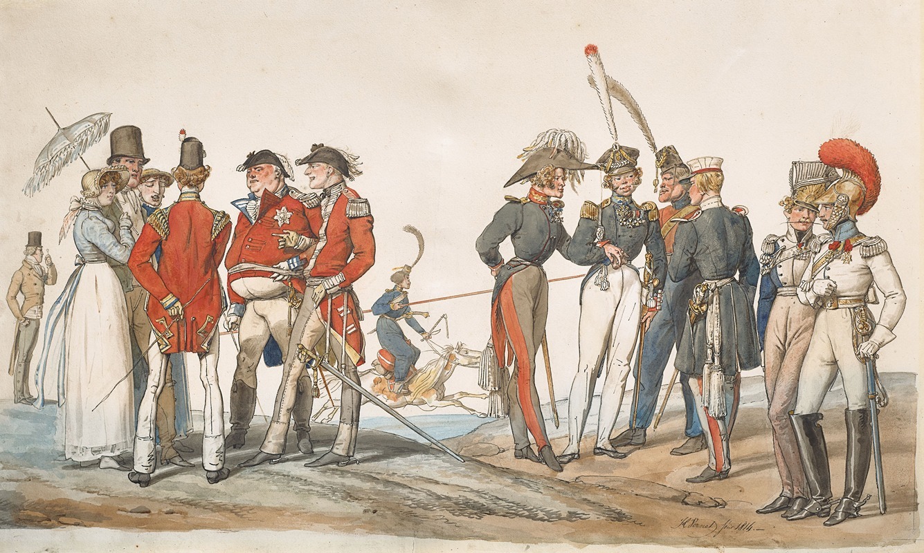 This painting depicts a discussion between English and French officers.