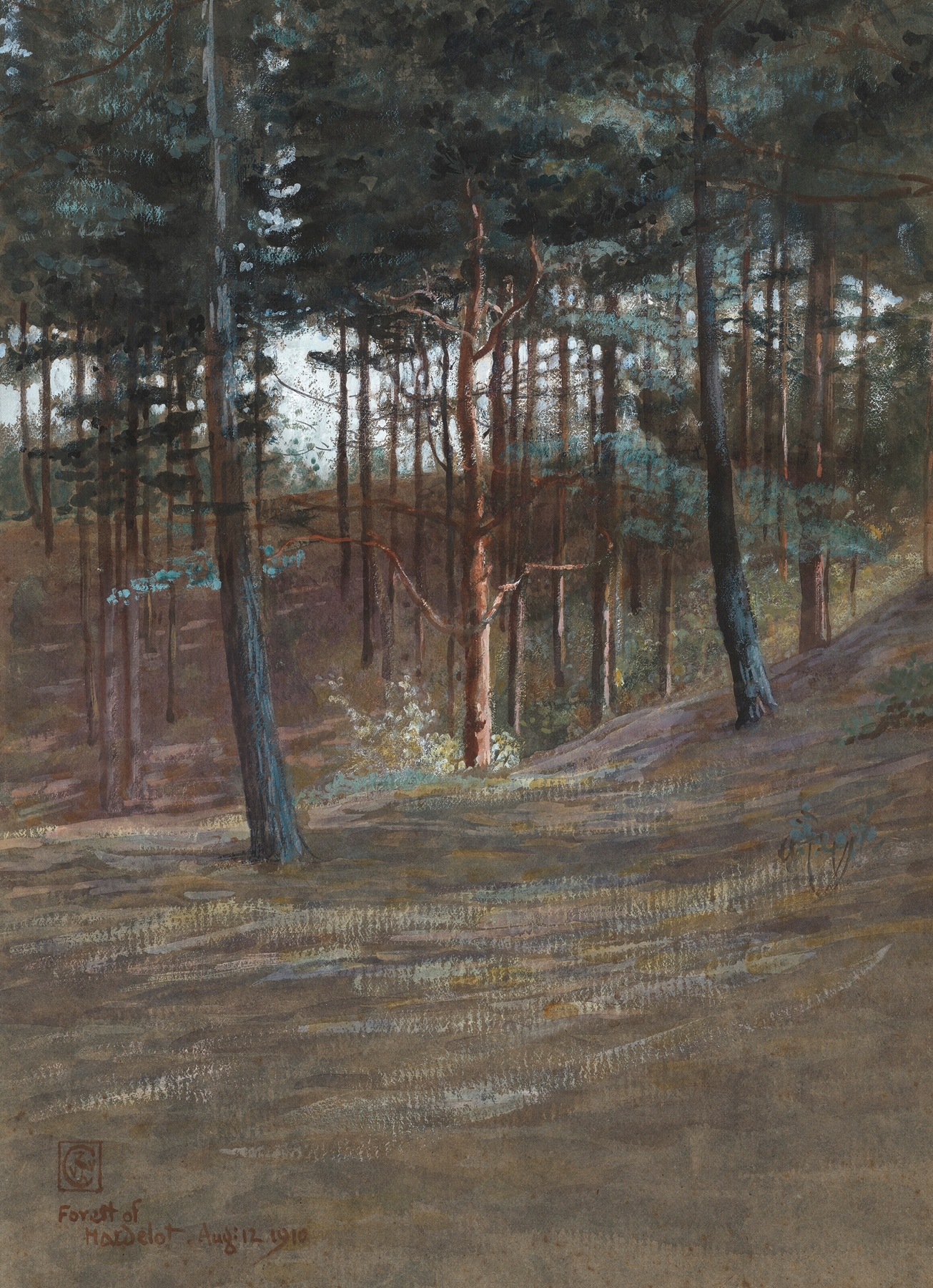 A Bit in Hardelot Forest, oil on canvas by Walter Crane, featuring a tranquil forest path with dappled light.