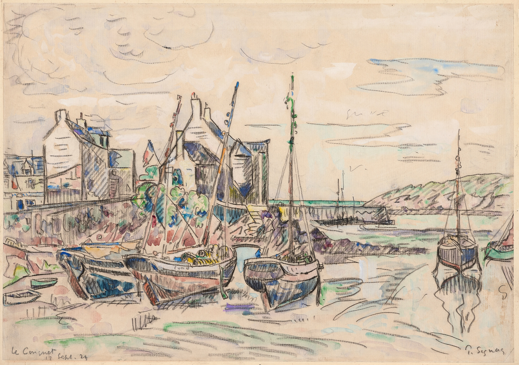 Seaside landscape with waves and sunset, oil on canvas by Paul Signac