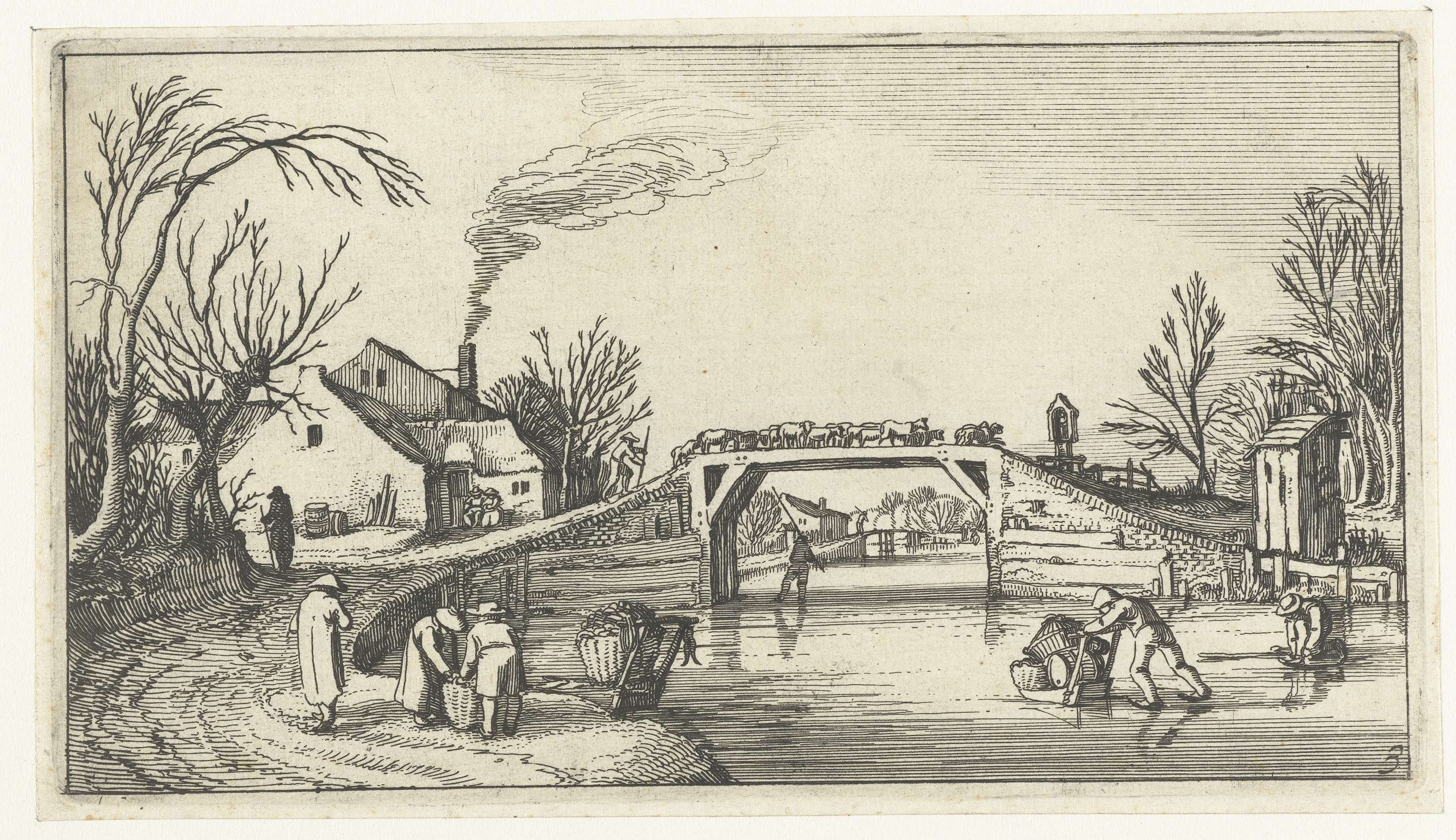 Landschap met schaatsers bij een brug met schapen, etching by Unknown Artist