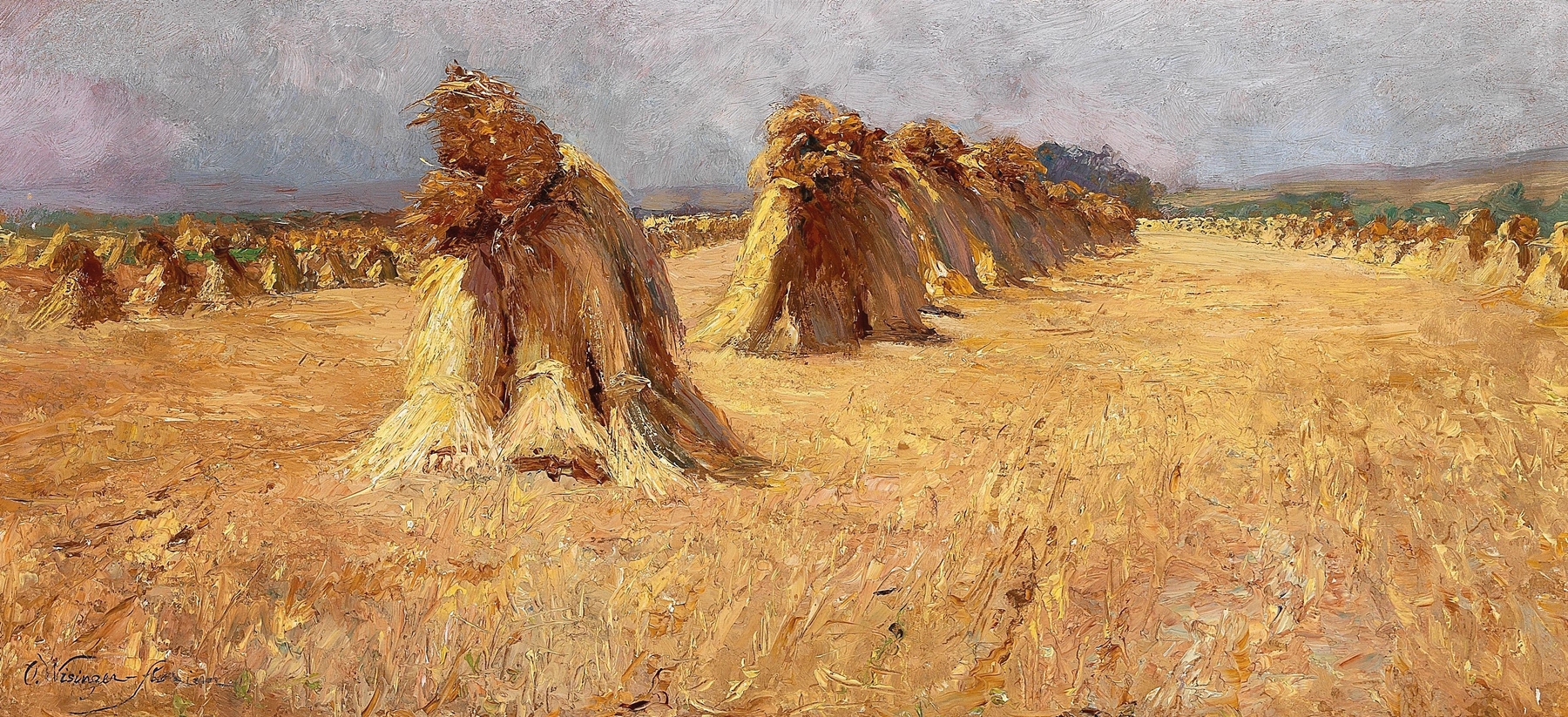 Kornfeld by Olga Wisinger-Florian, an impressionist oil painting of a golden wheat field.
