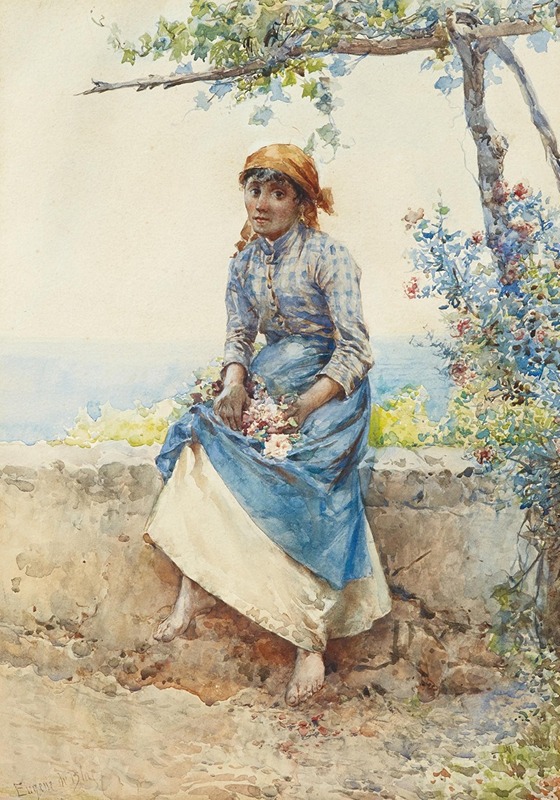 Eugen von Blaas' 'Popolana' depicts a lively Italian woman in a vibrant setting.