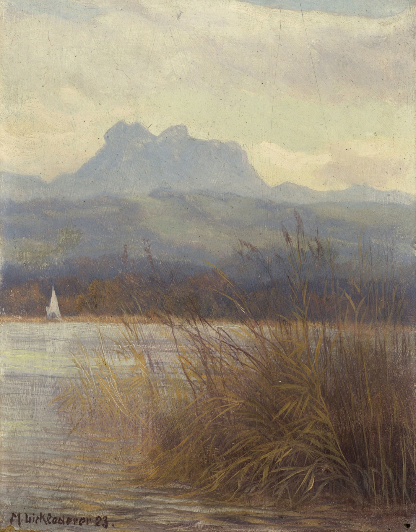 Landscape oil painting by Michael Licklederer depicting a lake and mountains