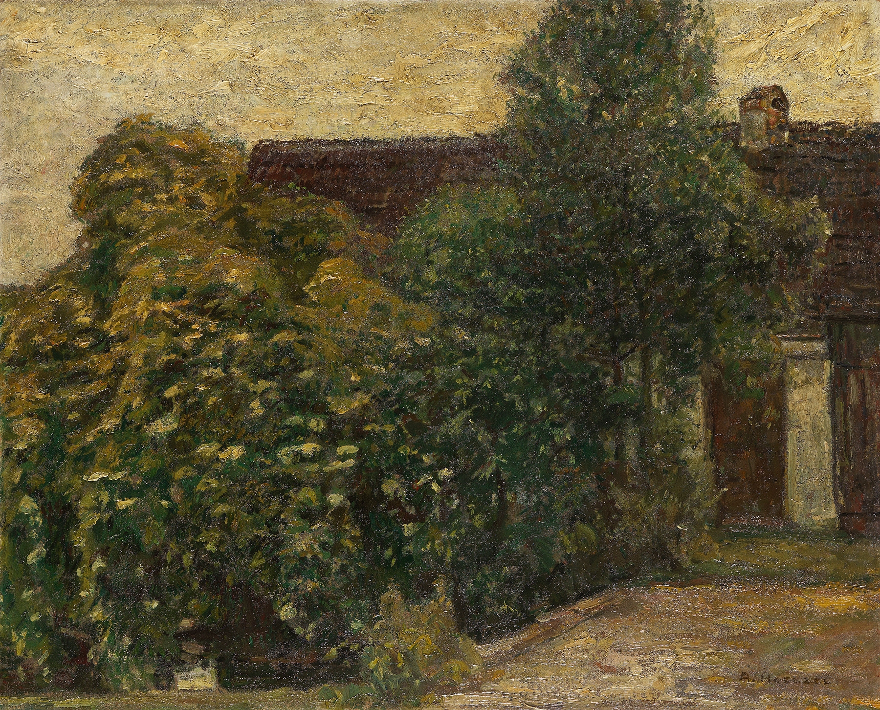 Bäume vor dem Haus by Adolf Hölzel, oil on canvas depicting trees in twilight.
