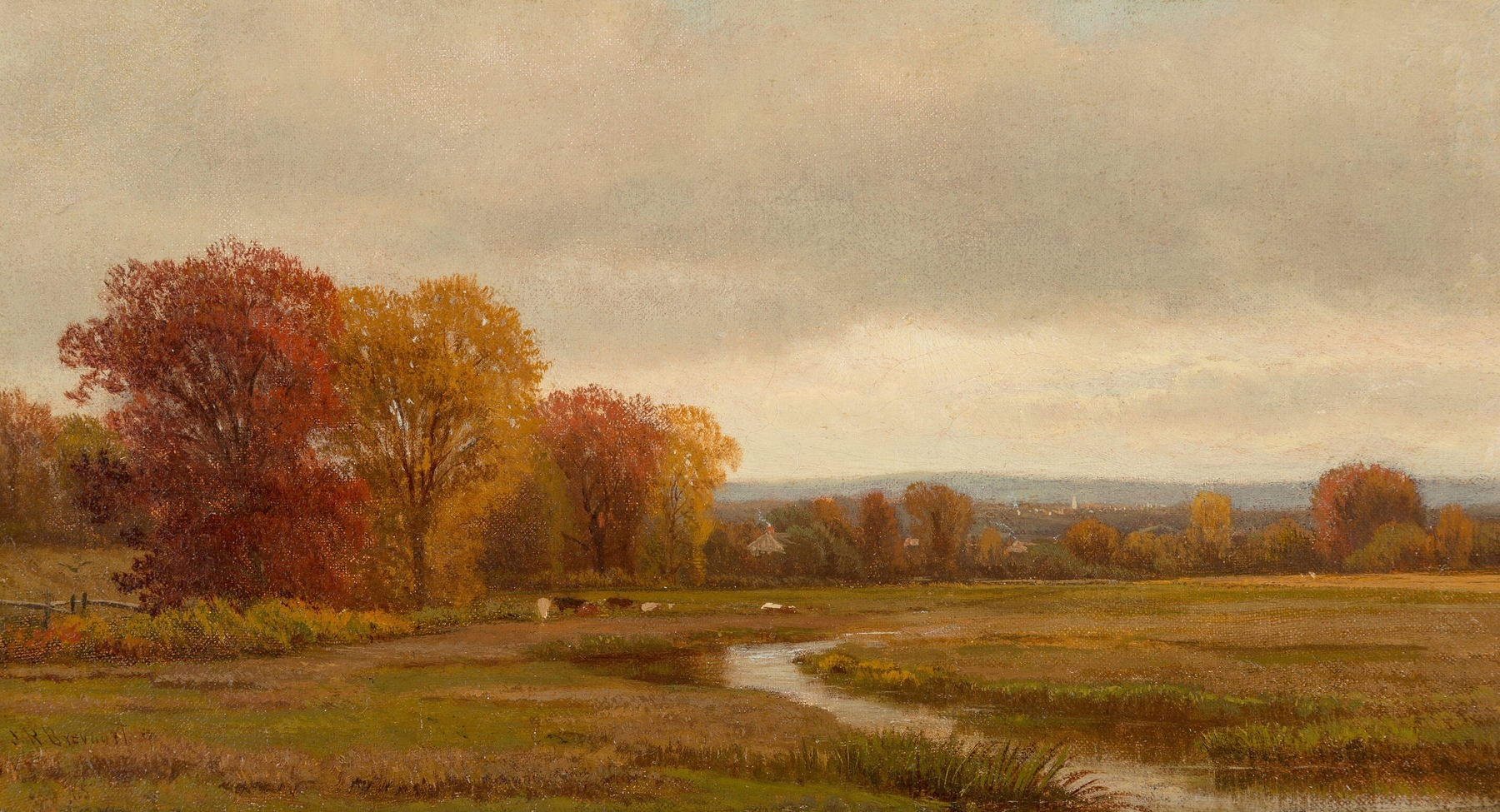 Autumn landscape oil painting by James Renwick Brevoort with vibrant orange and gold foliage.