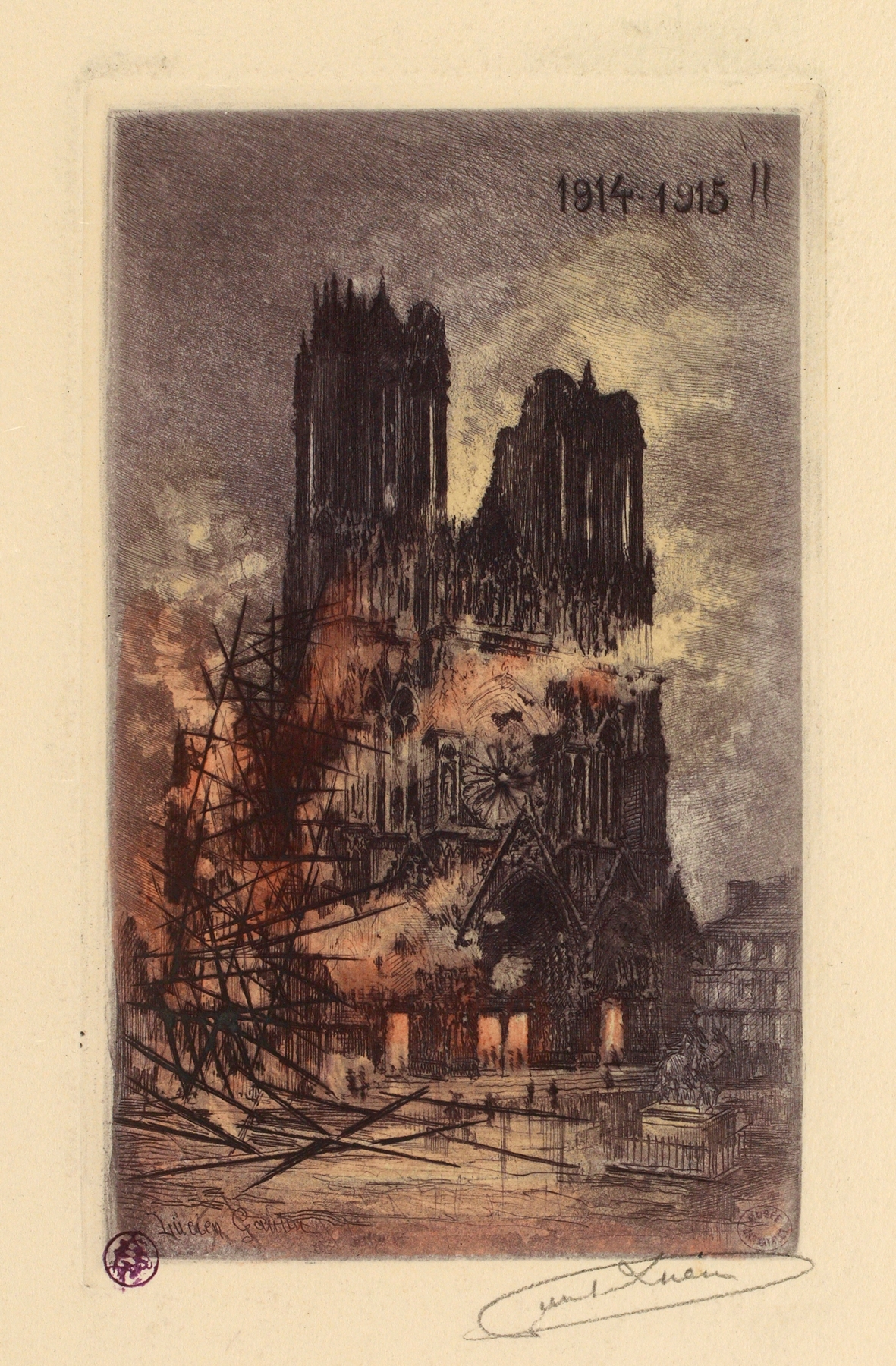 La cathédrale de Reims en feu, by Lucien Marcelin Gautier, public domain