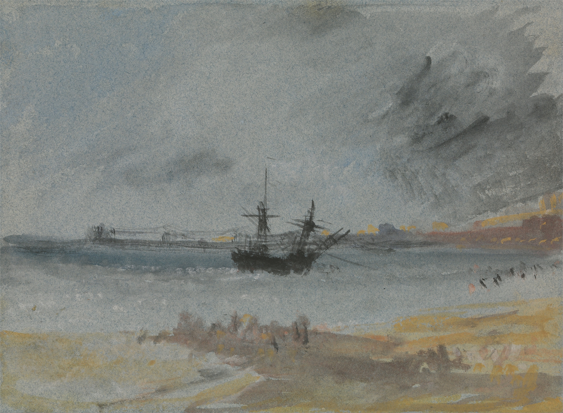 Ship Aground Brighton, oil painting by Joseph Mallord William Turner, depicting a ship in stormy waves