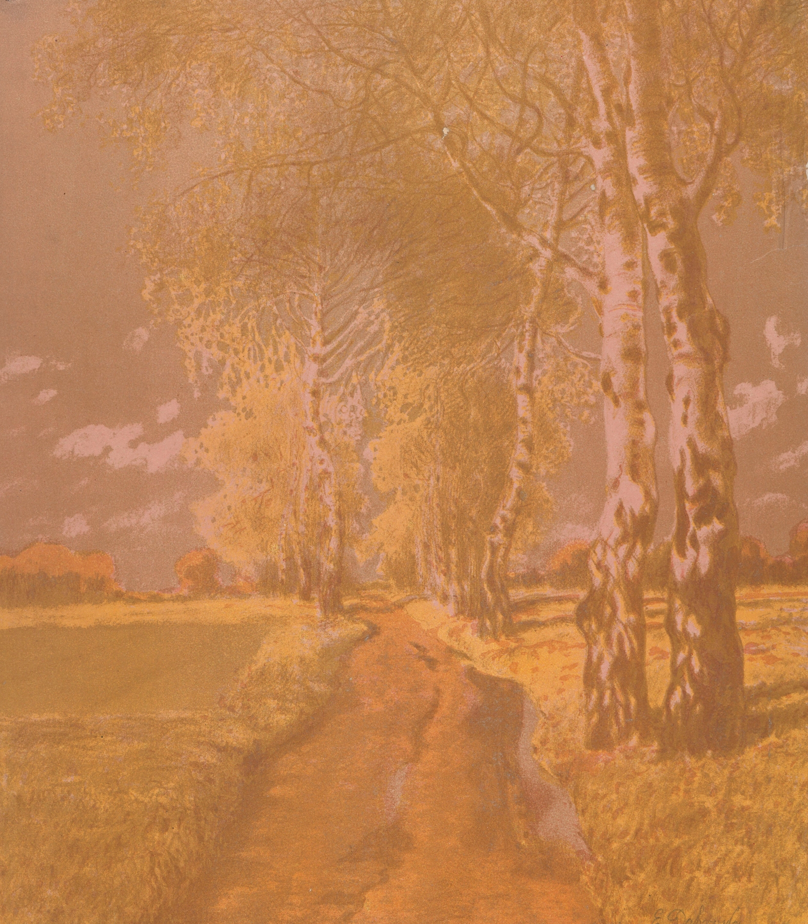 Birch-Tree Alley by Eugeniusz Ludwik Dąbrowa-Dąbrowski, oil on canvas depicting a tranquil forest path.