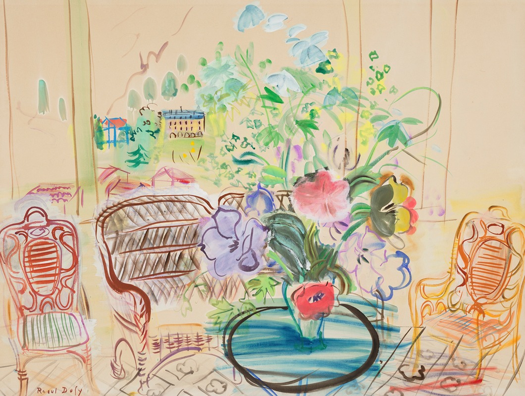 Raoul Dufy's 'La véranda à Vernet-les-Bains' captures a vibrant scene of leisure.